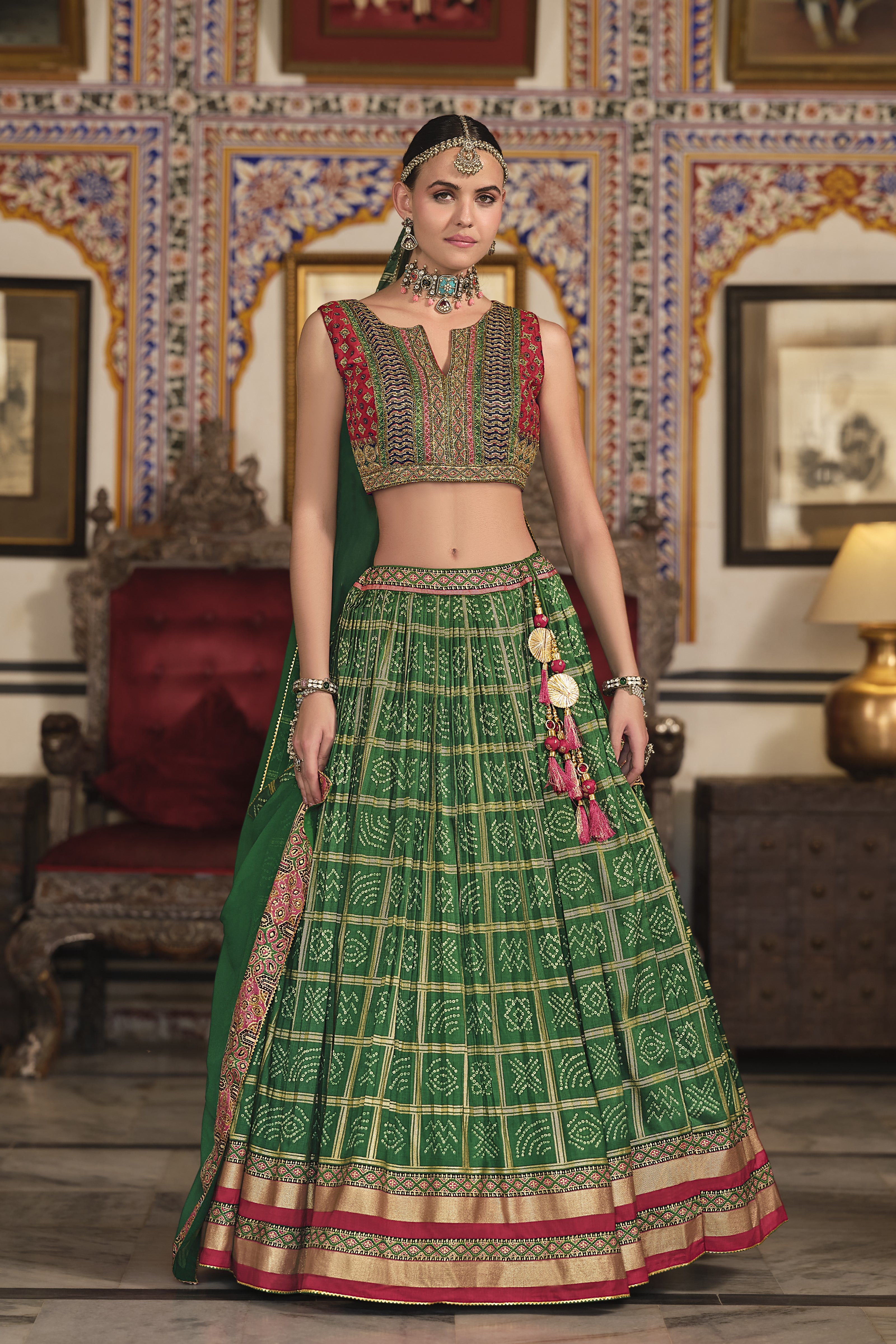 Green Bandhani Printed Premium Silk Lehenga Set