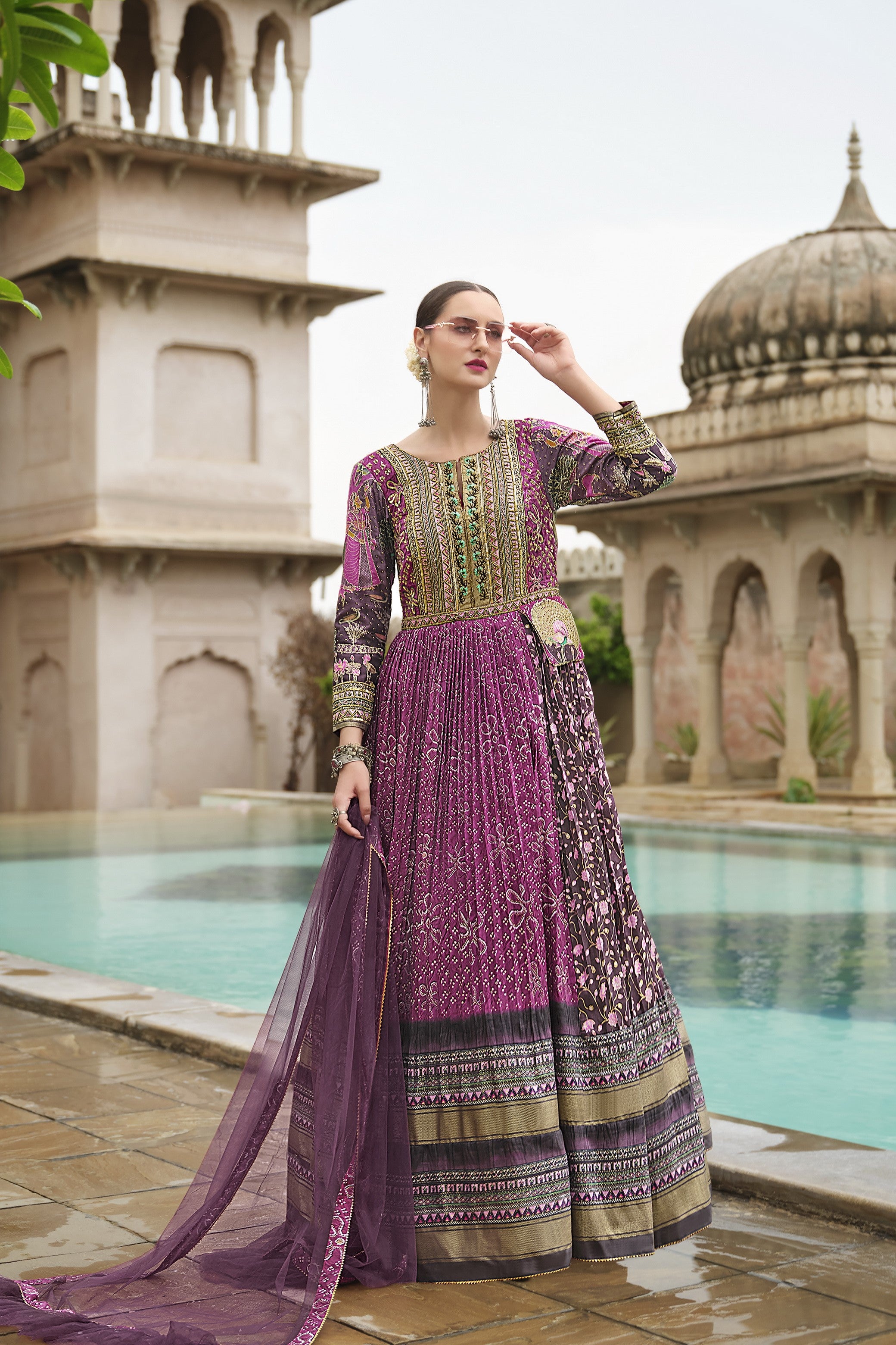 Lavender Floral Printed Premium Silk Anarkali Set