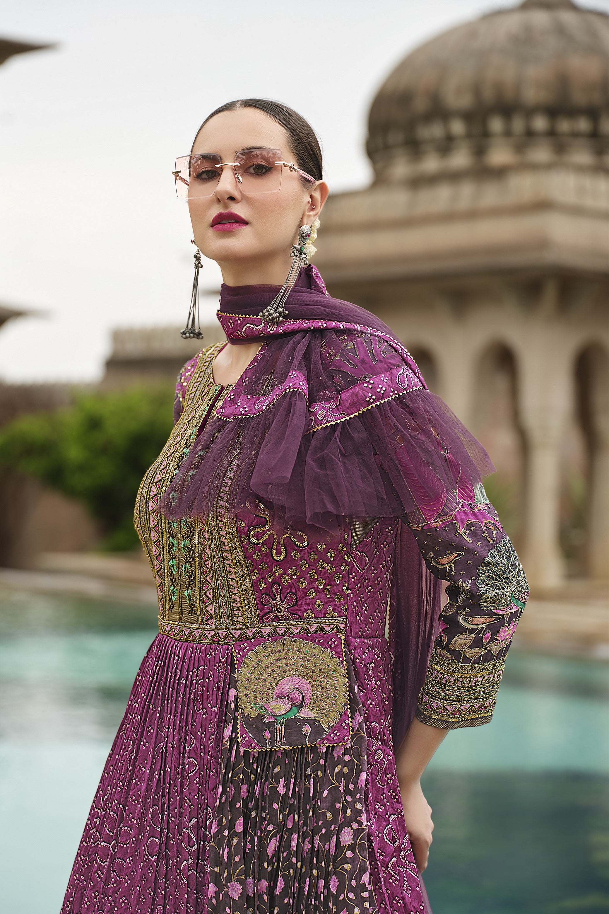 Lavender Floral Printed Premium Silk Anarkali Set