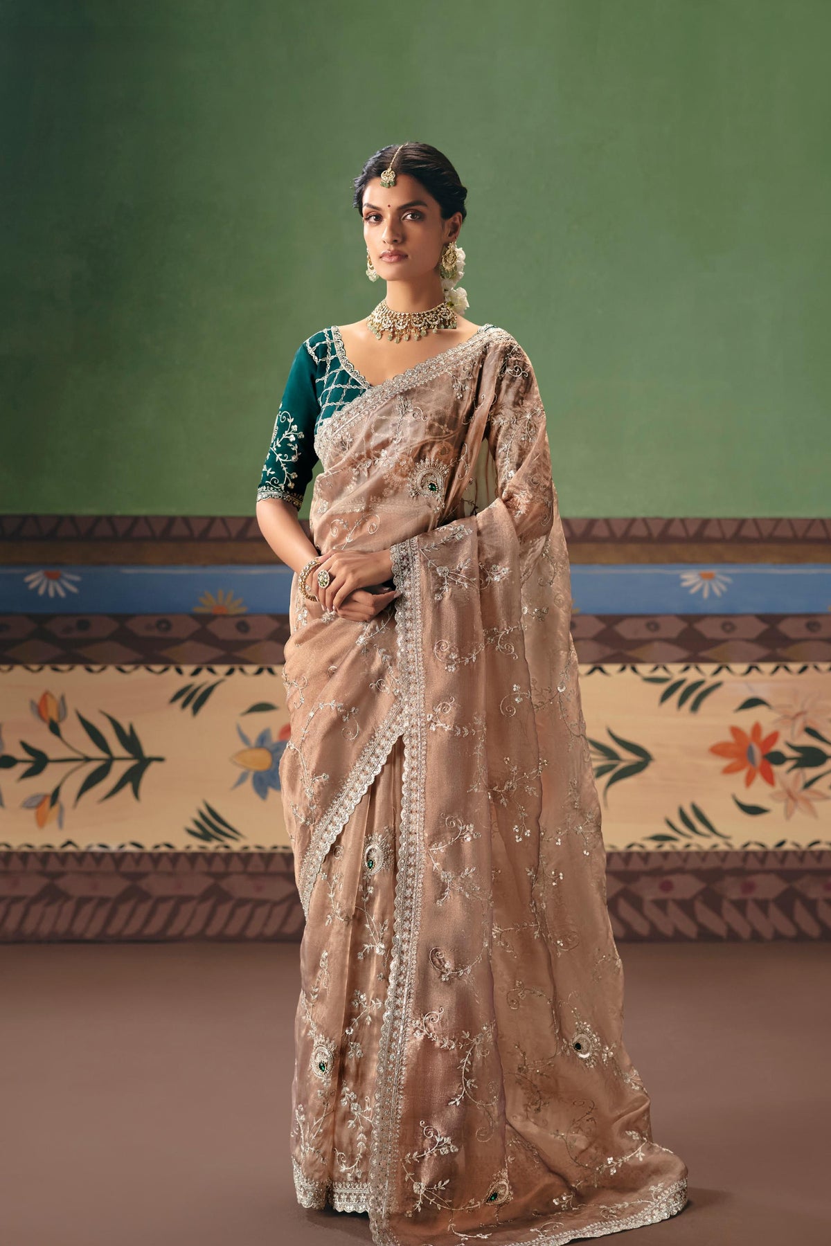 Champagne Teal Embellished Tissue Organza Silk Saree