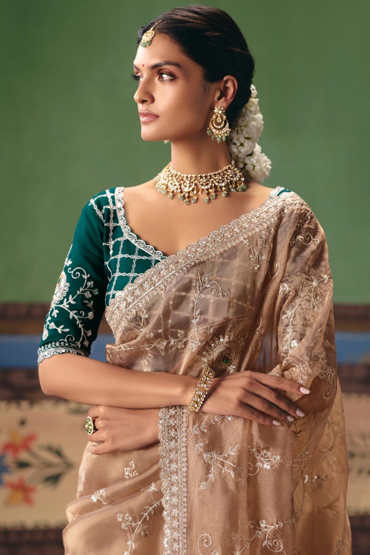 Champagne Teal Embellished Tissue Organza Silk Saree