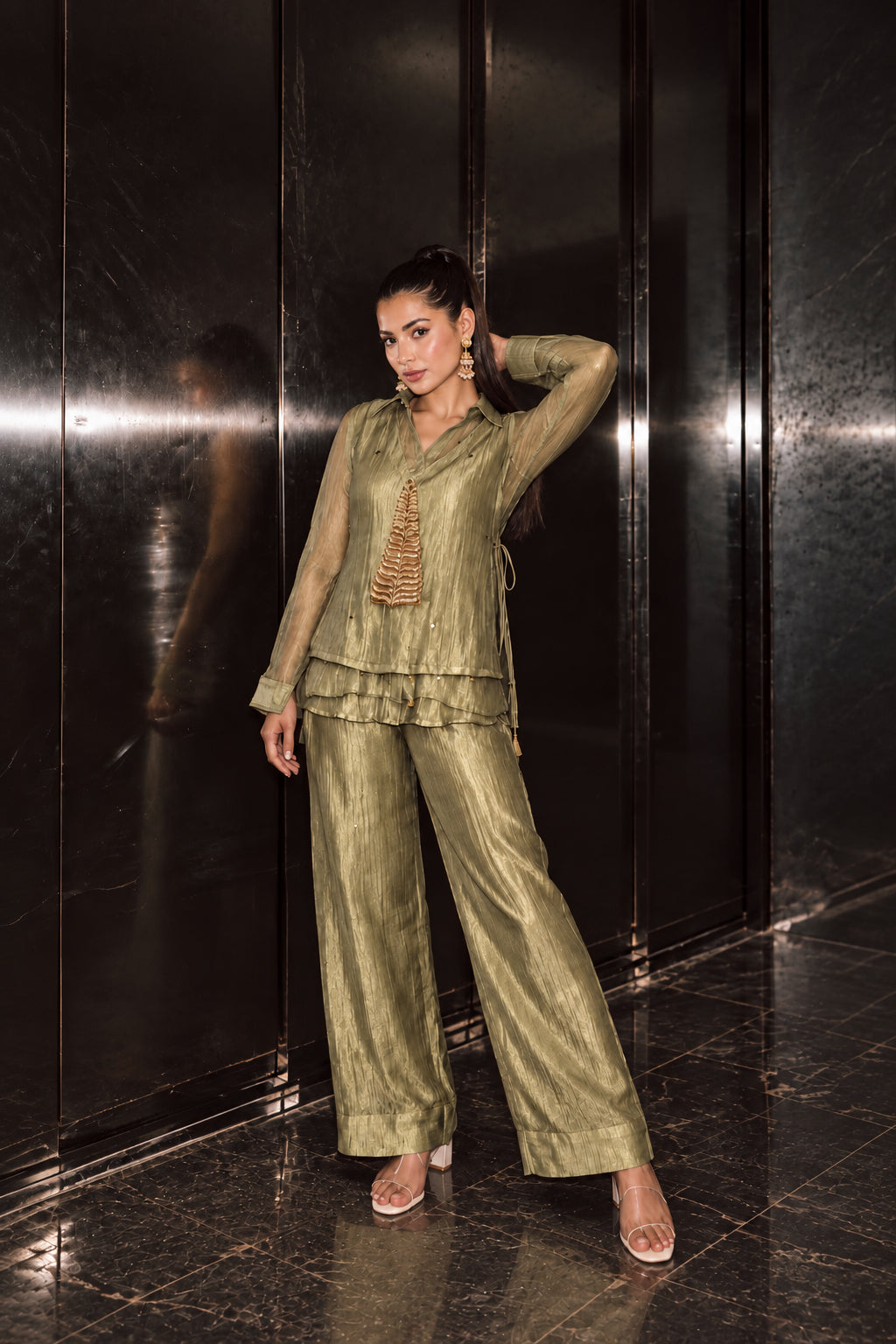 Light Green Embellished Shimmer Tissue Silk Co-Ord Set