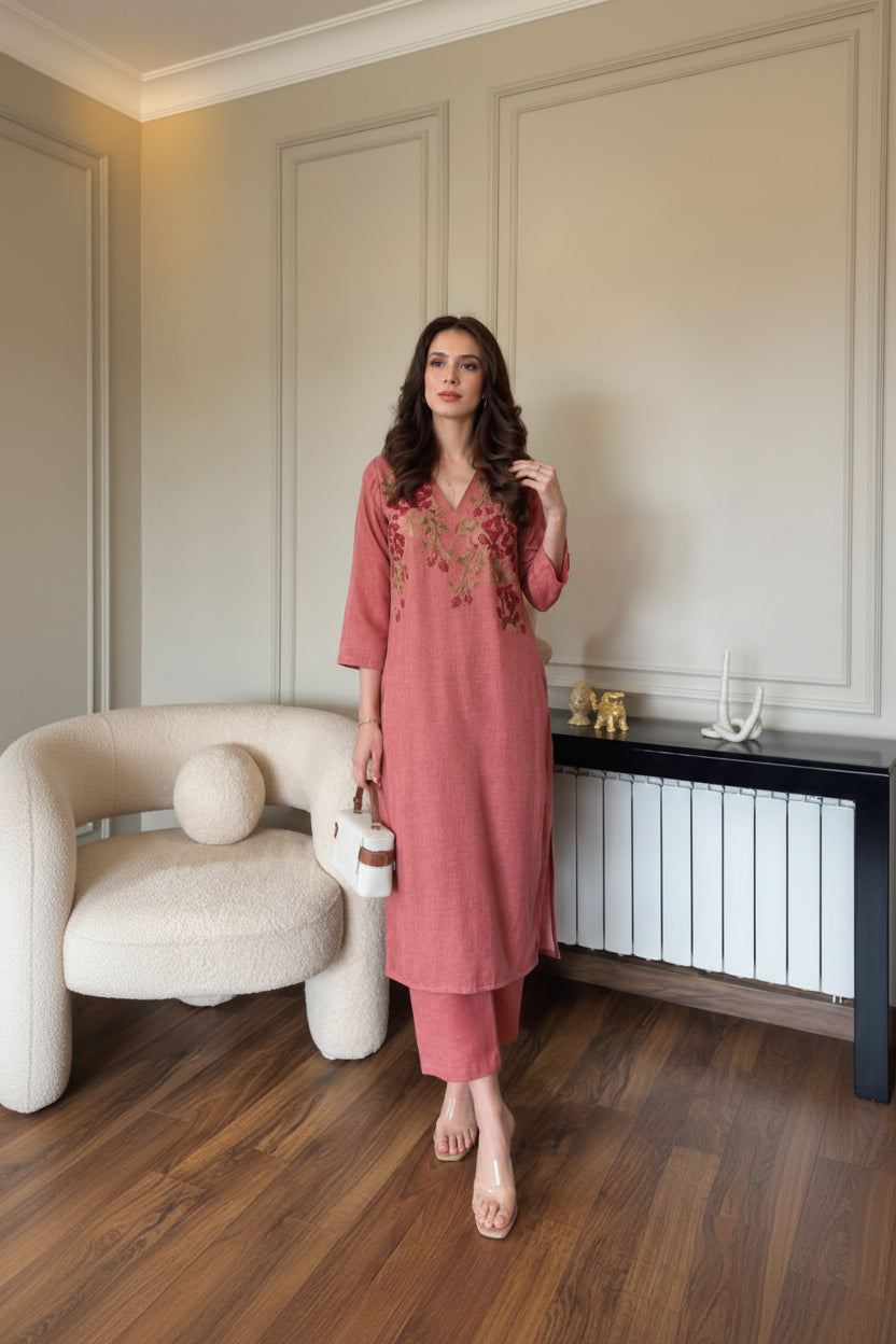Dusty Rose Pink Embroidered Linen Kurta Set