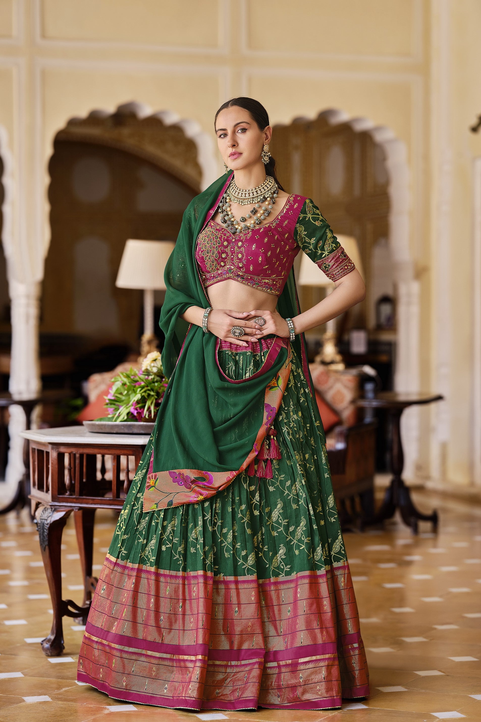 Deep Green Floral Printed Premium Silk Lehenga Set