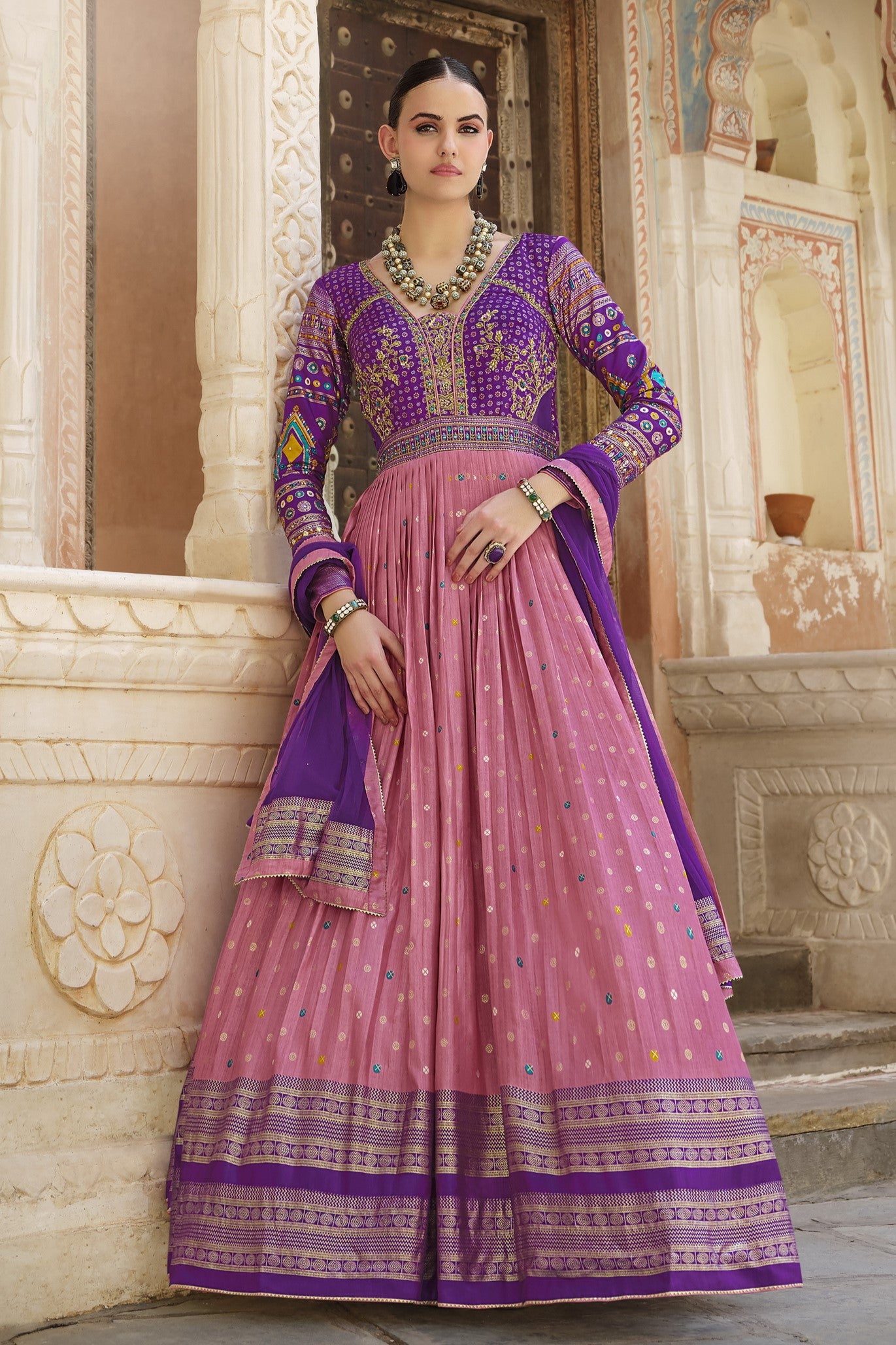 Purple Embellished Premium Silk Anarkali Set