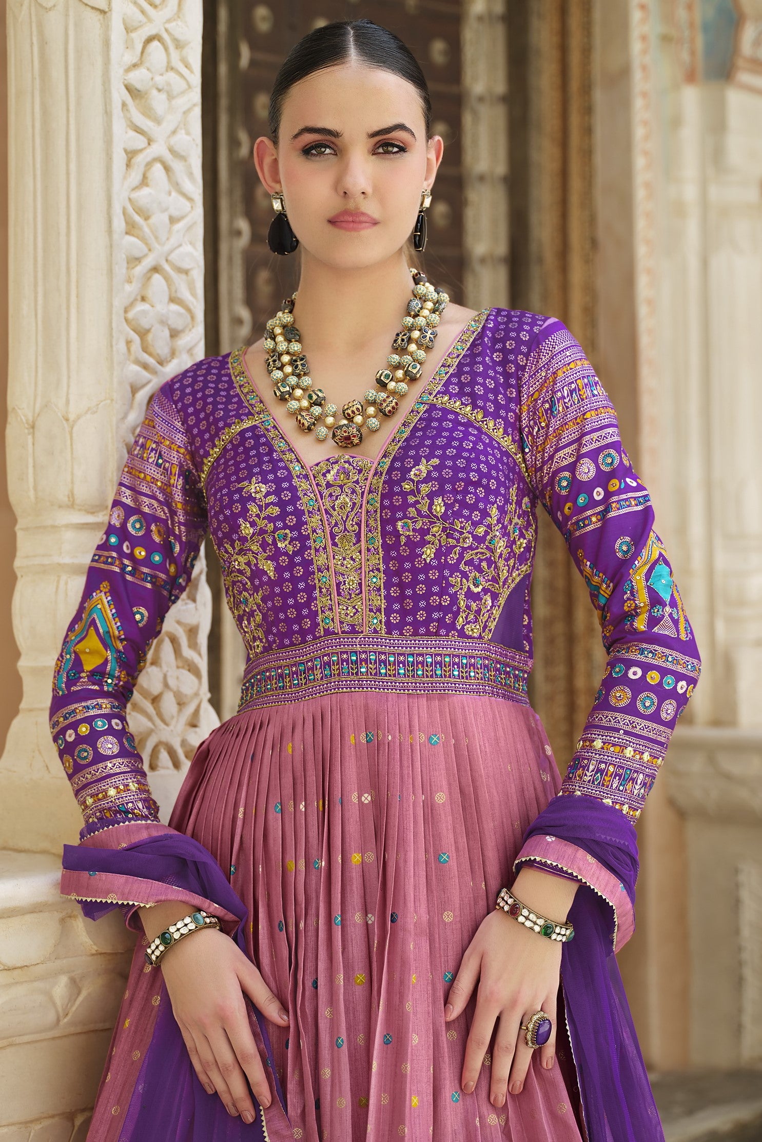 Purple Embellished Premium Silk Anarkali Set