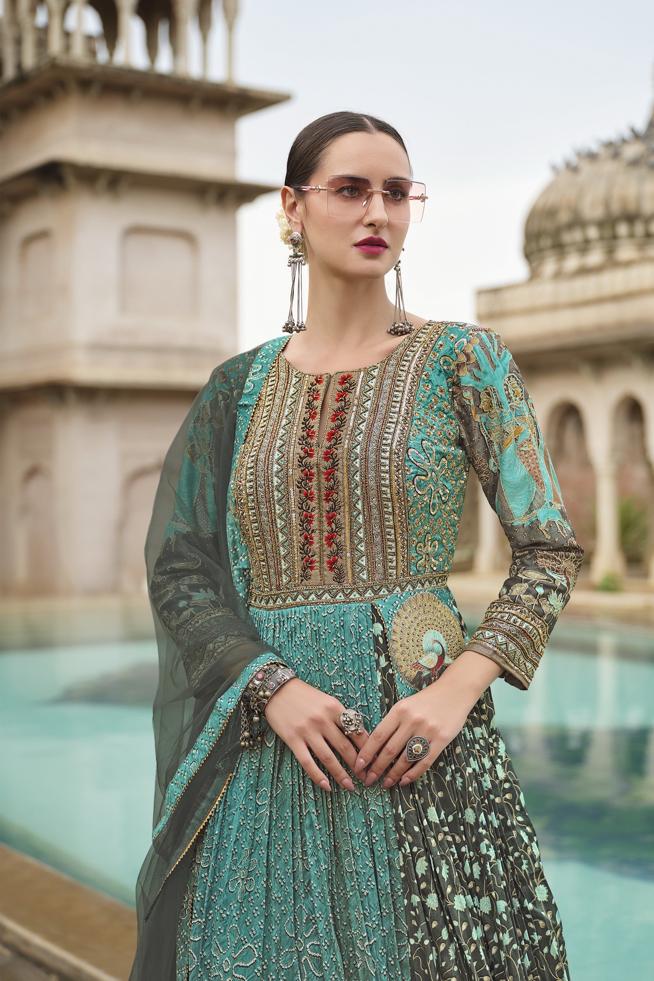 Teal Floral Printed Premium Silk Anarkali Set