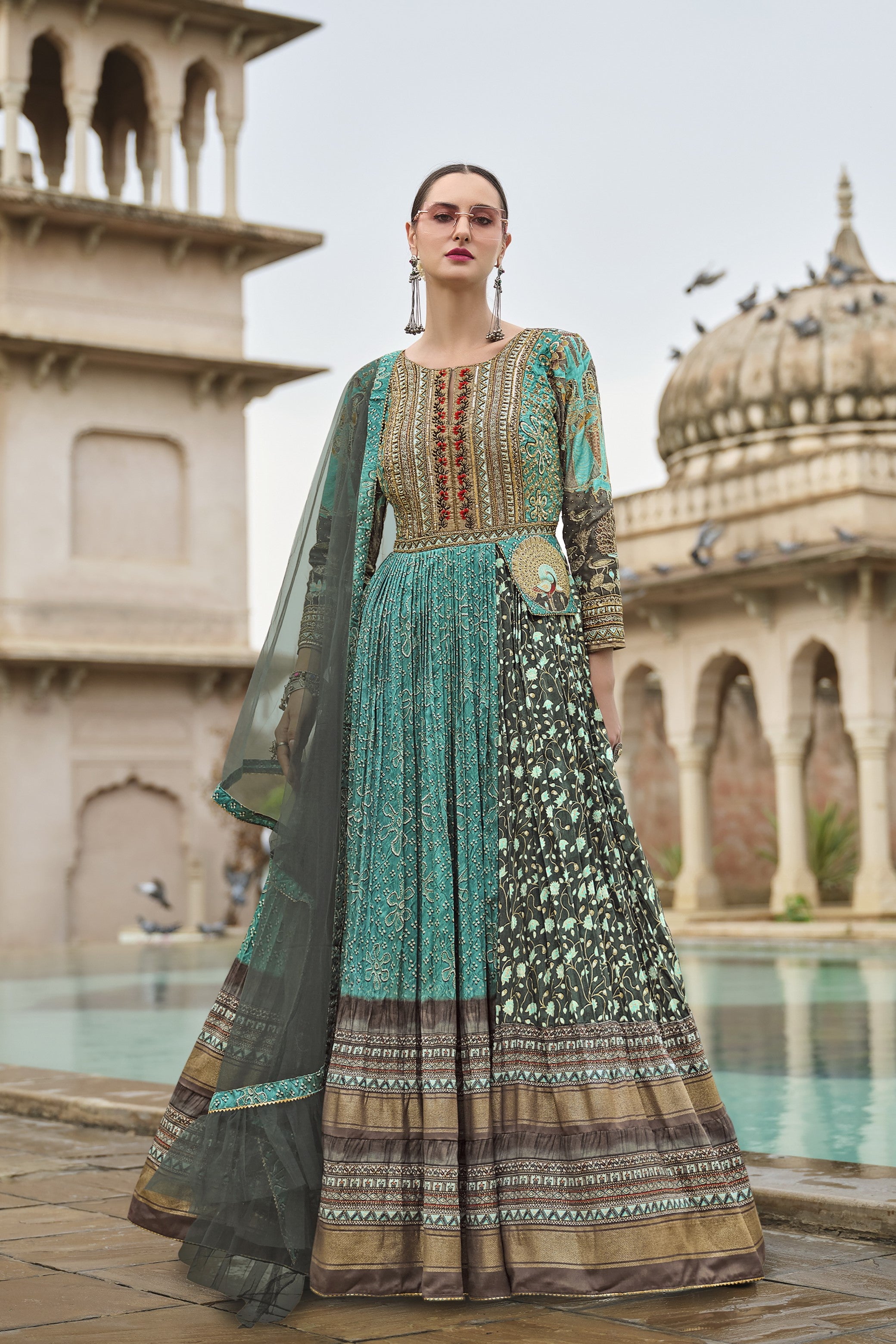 Teal Floral Printed Premium Silk Anarkali Set