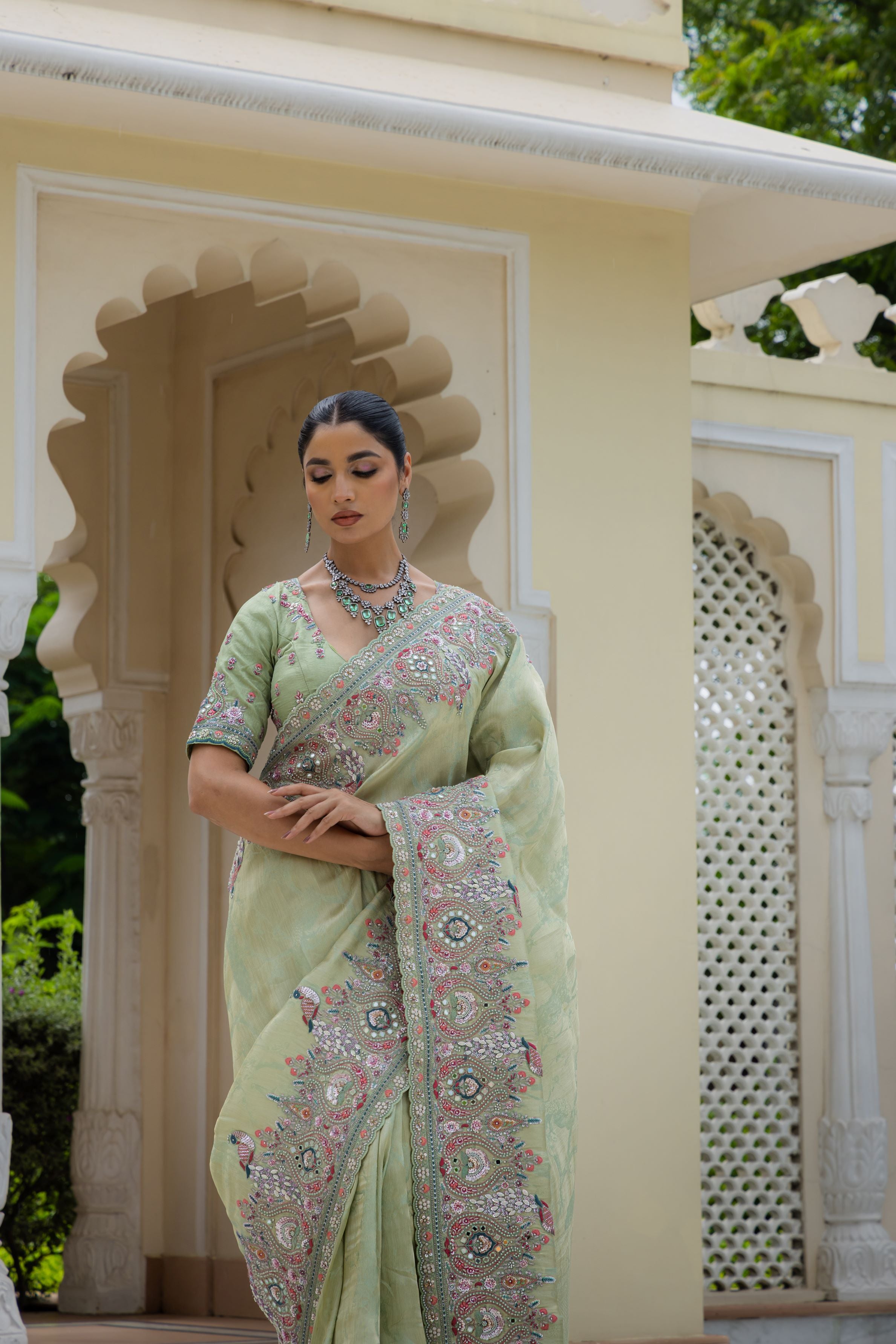 Light Green Embroidered Banarasi Silk Saree