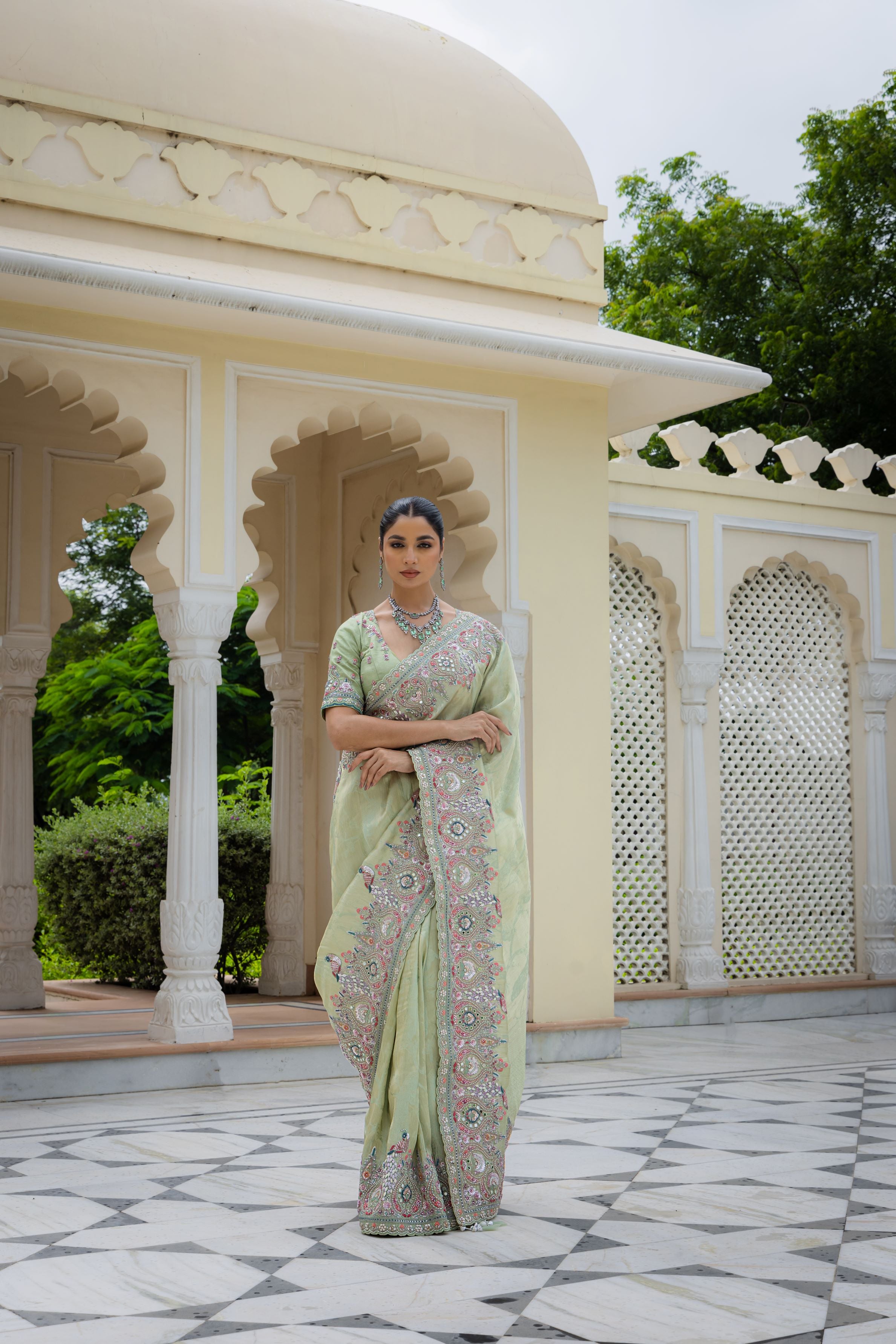 Light Green Embroidered Banarasi Silk Saree