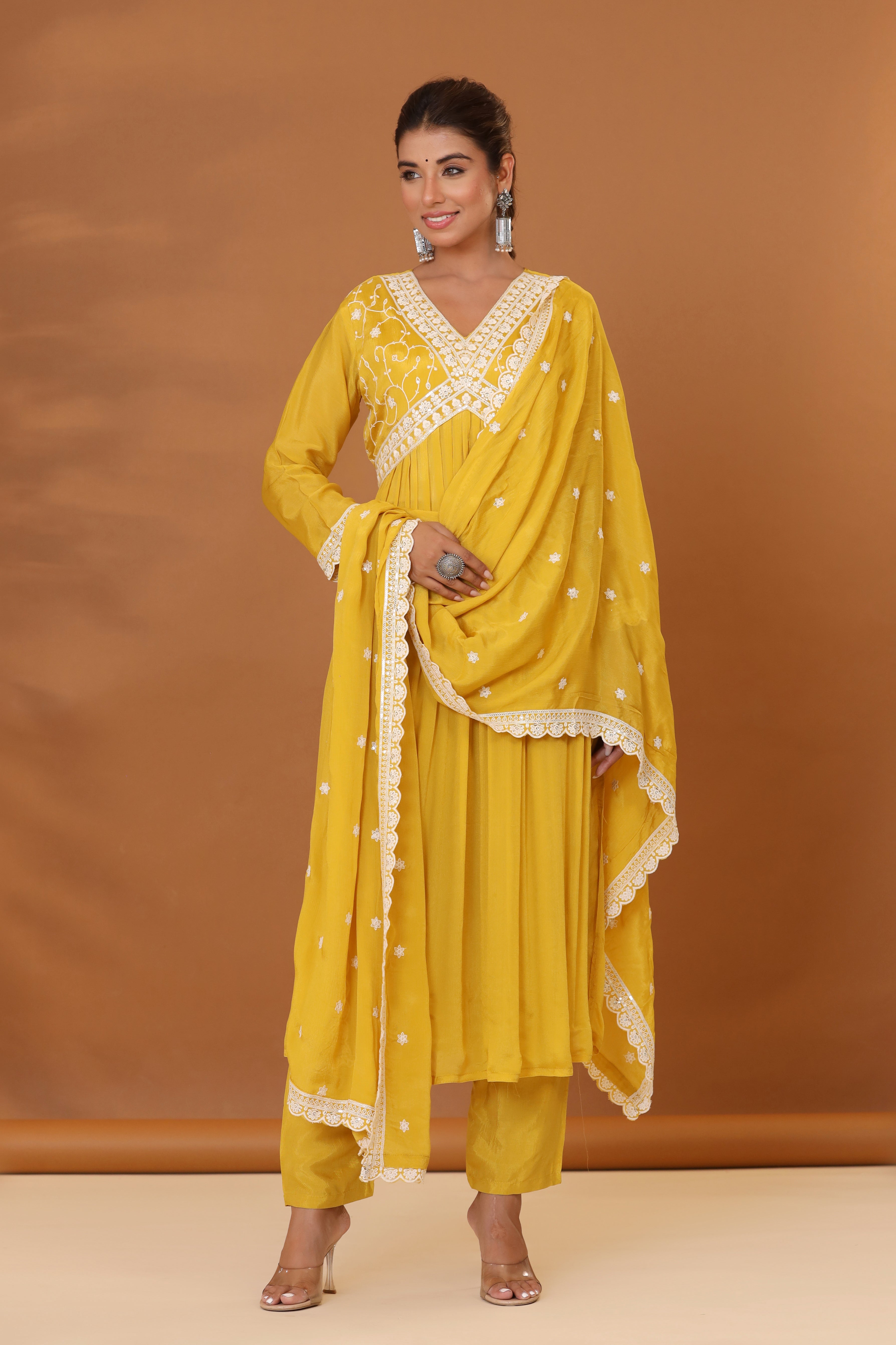 Yellow Embroidered Chinon Silk Kurta Set