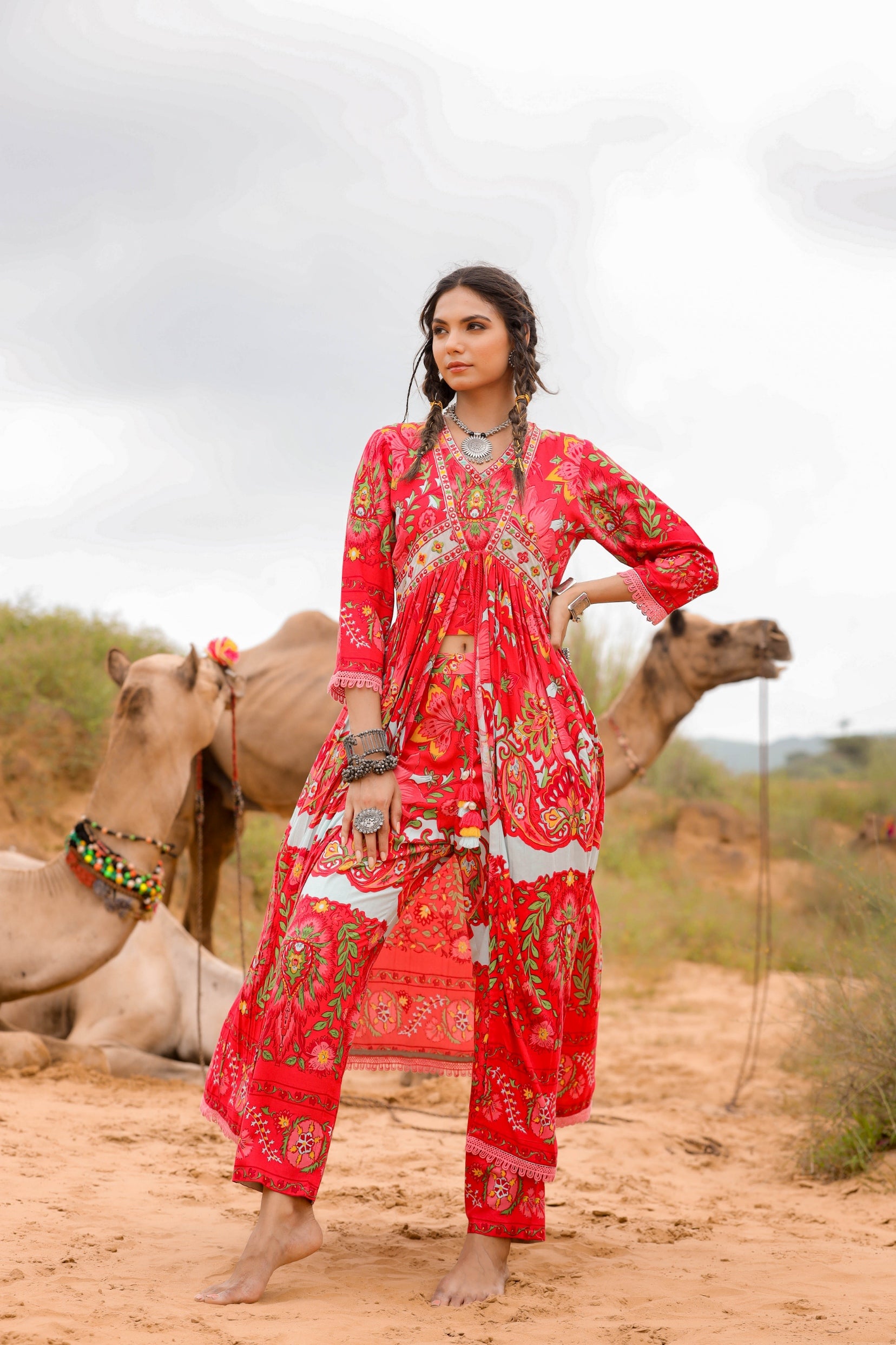 Cerise Pink Printed Co-ord Set with Cape