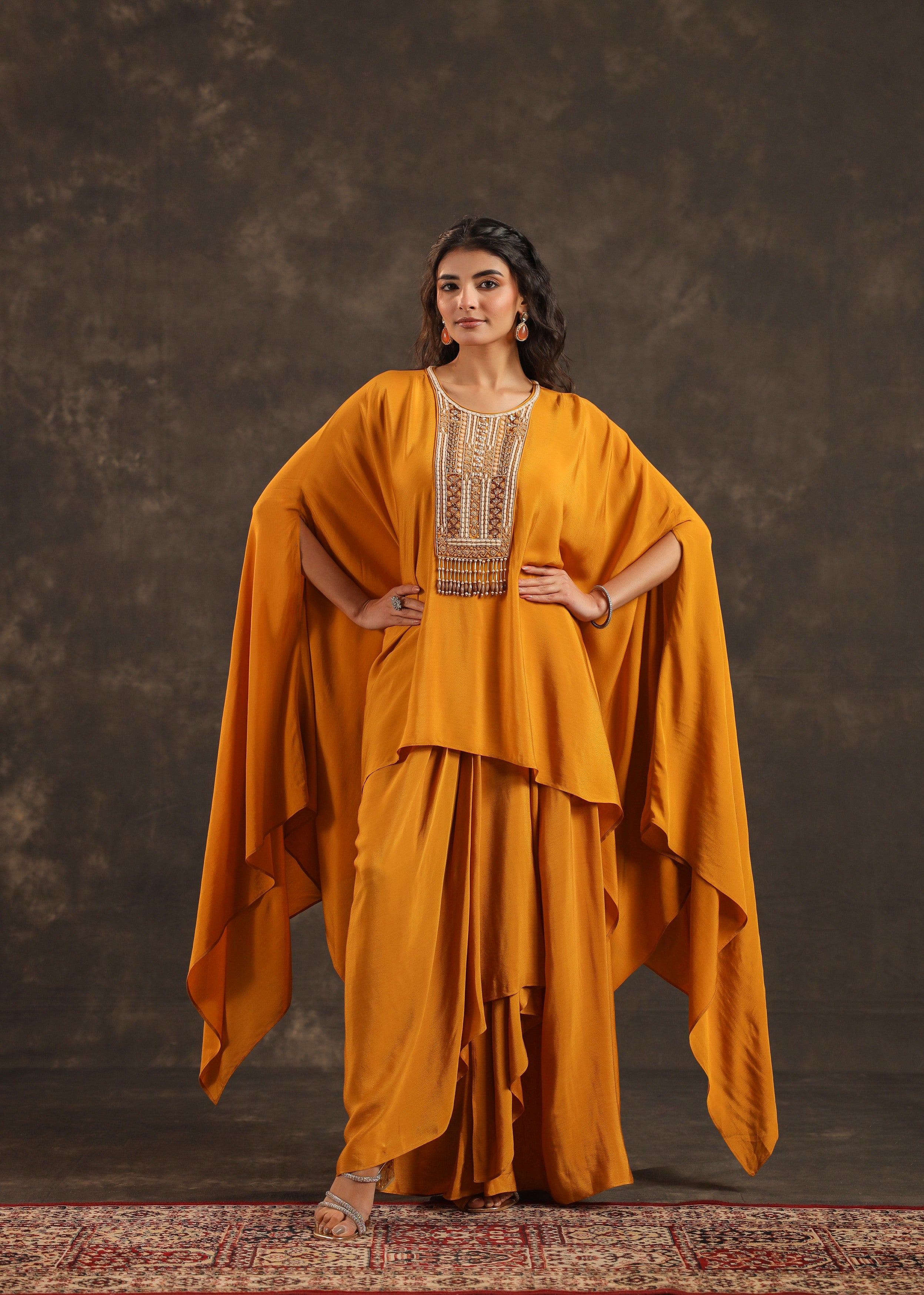 Saffron Embellished Crepe Silk Kaftan Set