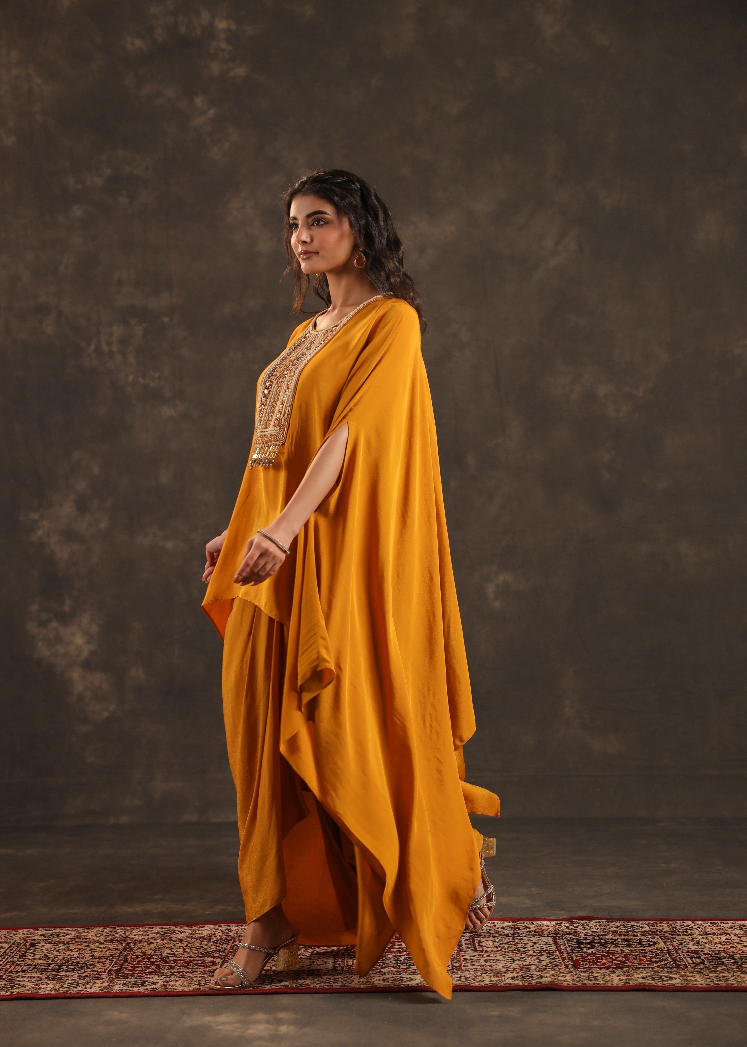Saffron Embellished Crepe Silk Kaftan Set