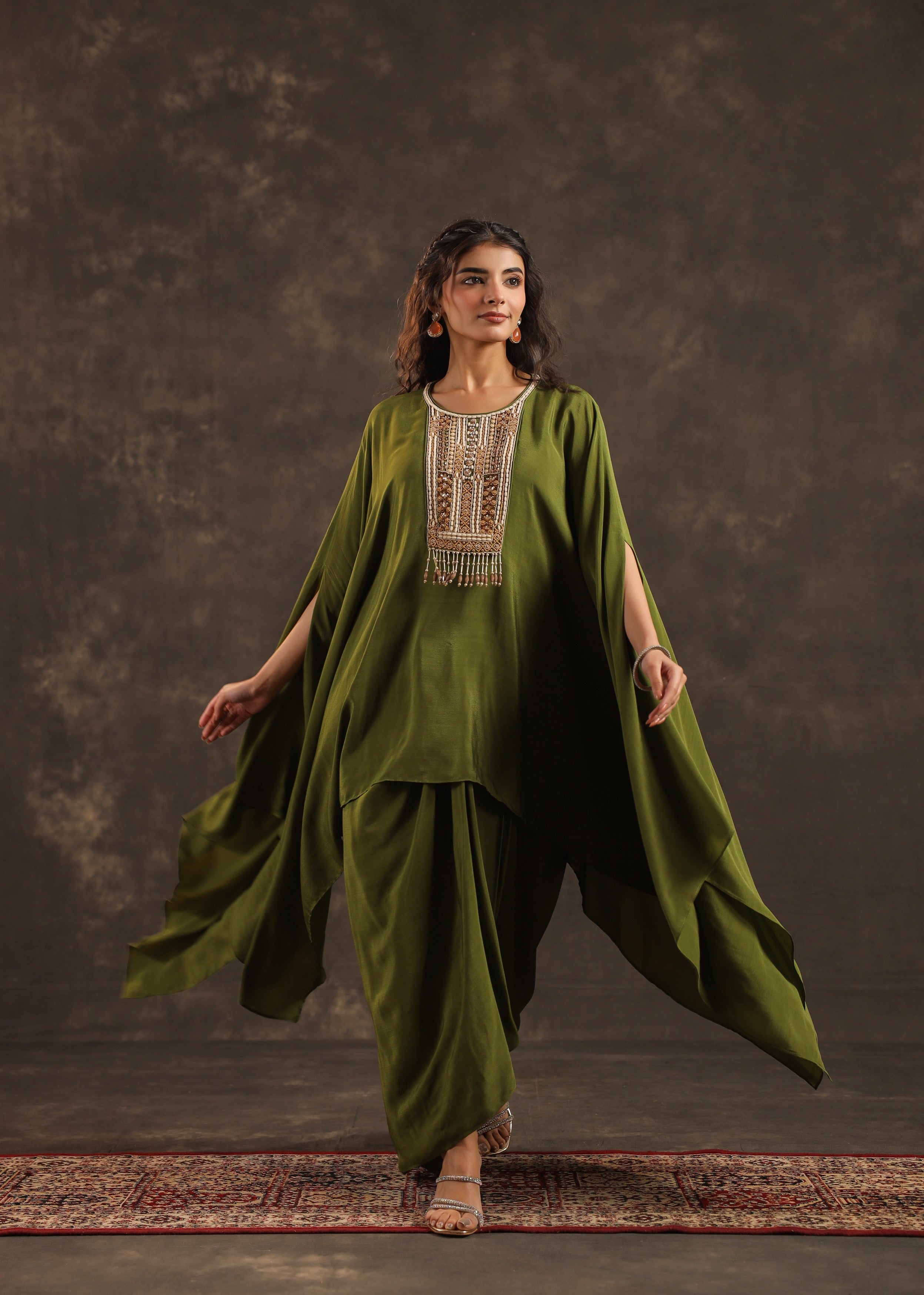 Olive Embellished Crepe Silk Kaftan Set