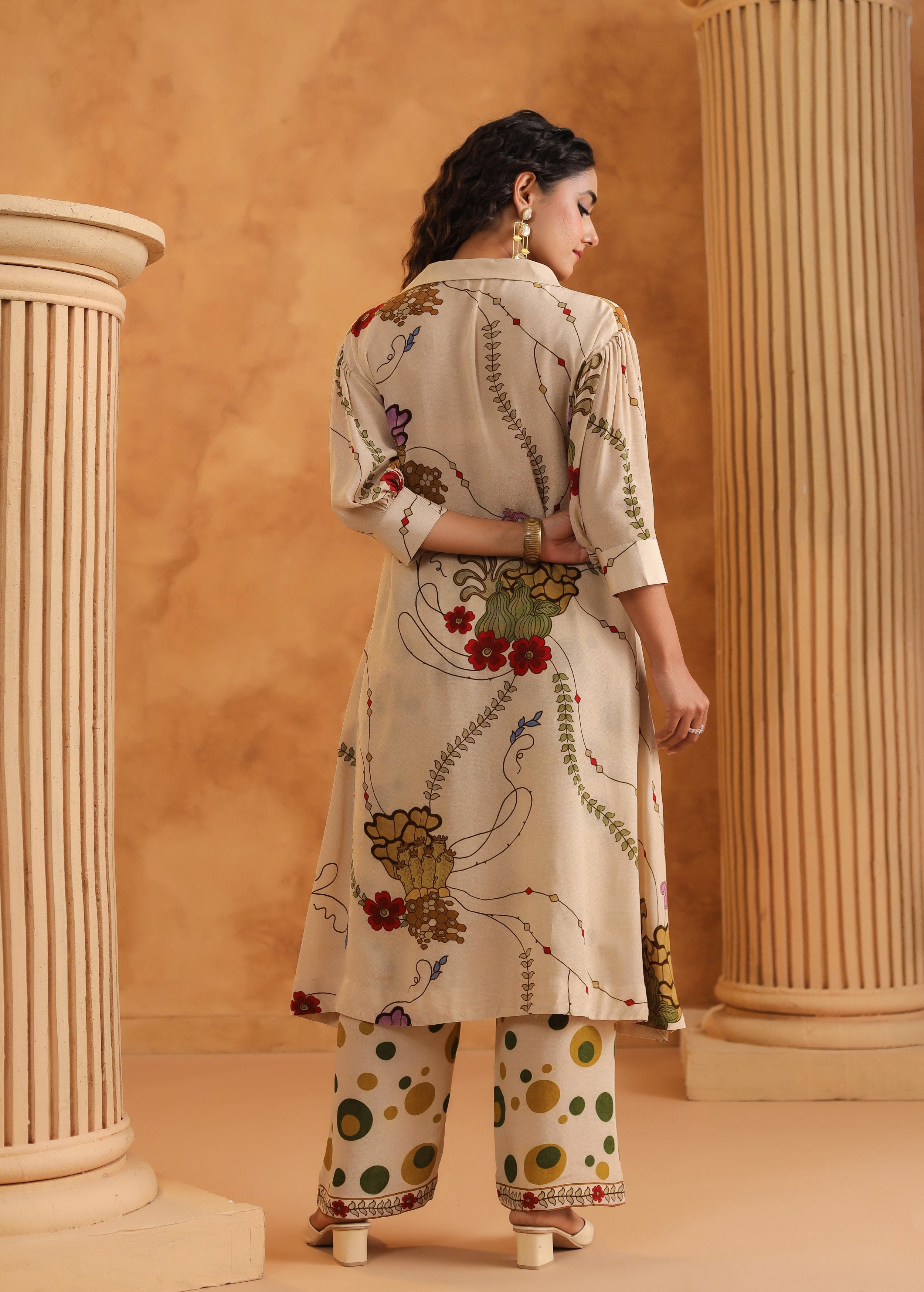 Beige Printed Viscose Crepe Kurta Set