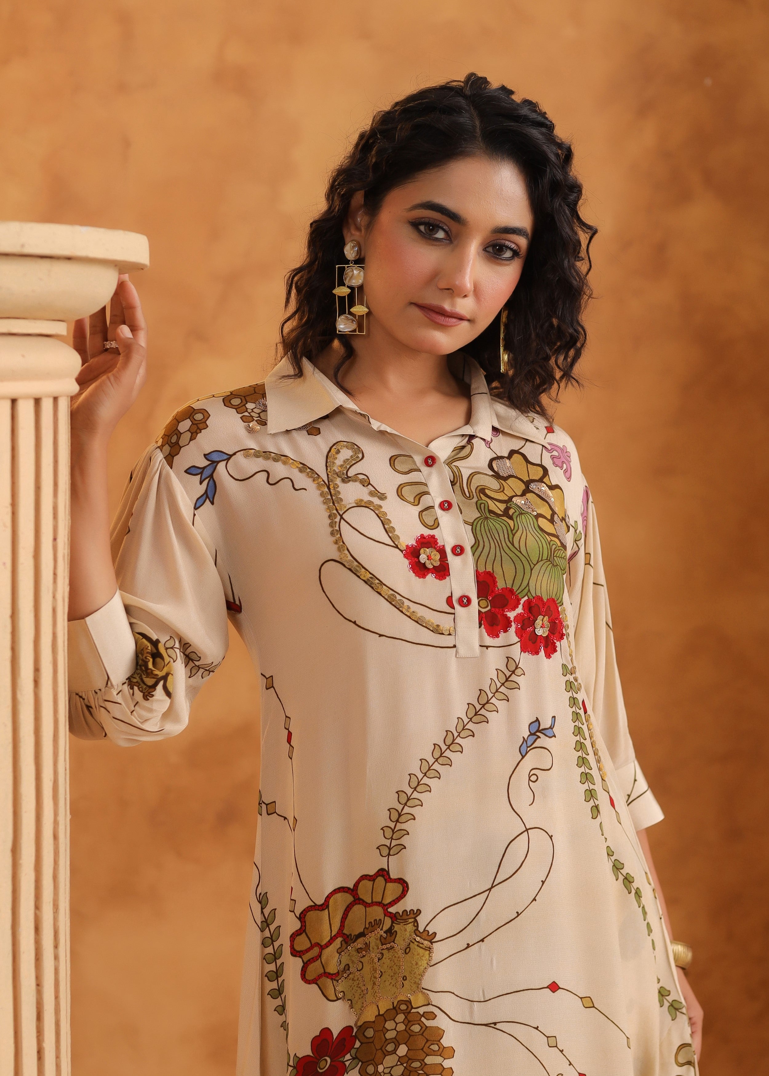 Beige Printed Viscose Crepe Kurta Set