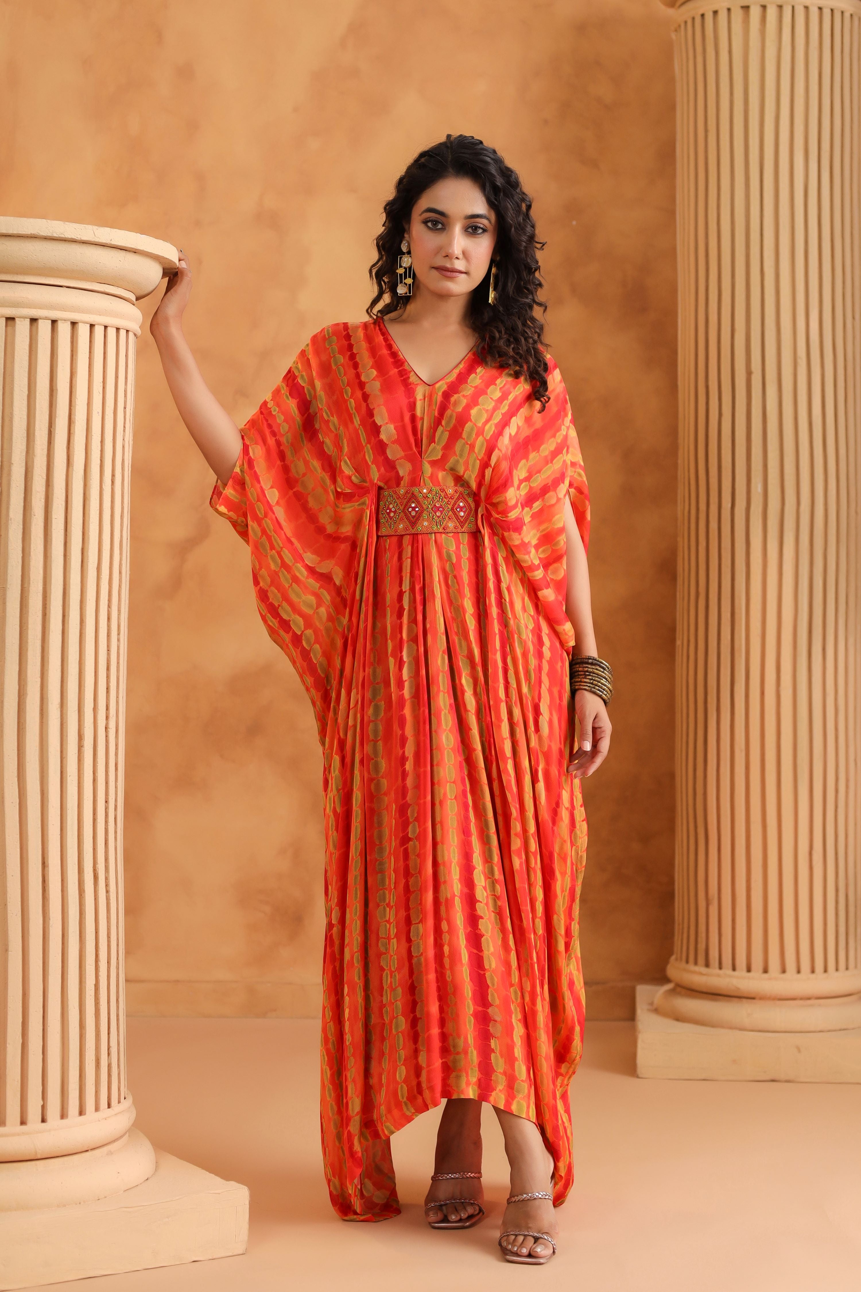 Orange Printed Chinon Silk Kaftan Style Dress