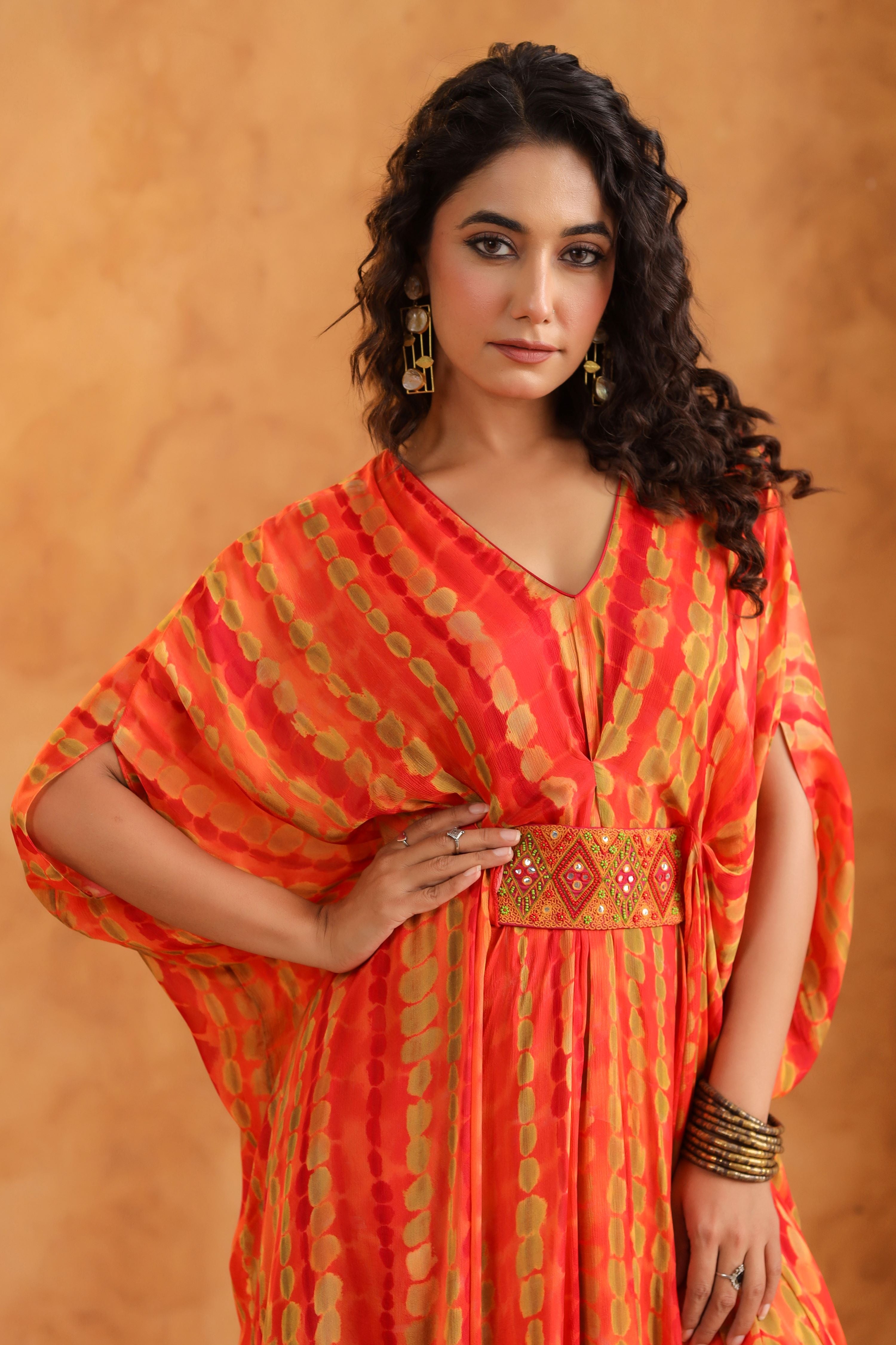 Orange Printed Chinon Silk Kaftan Style Dress