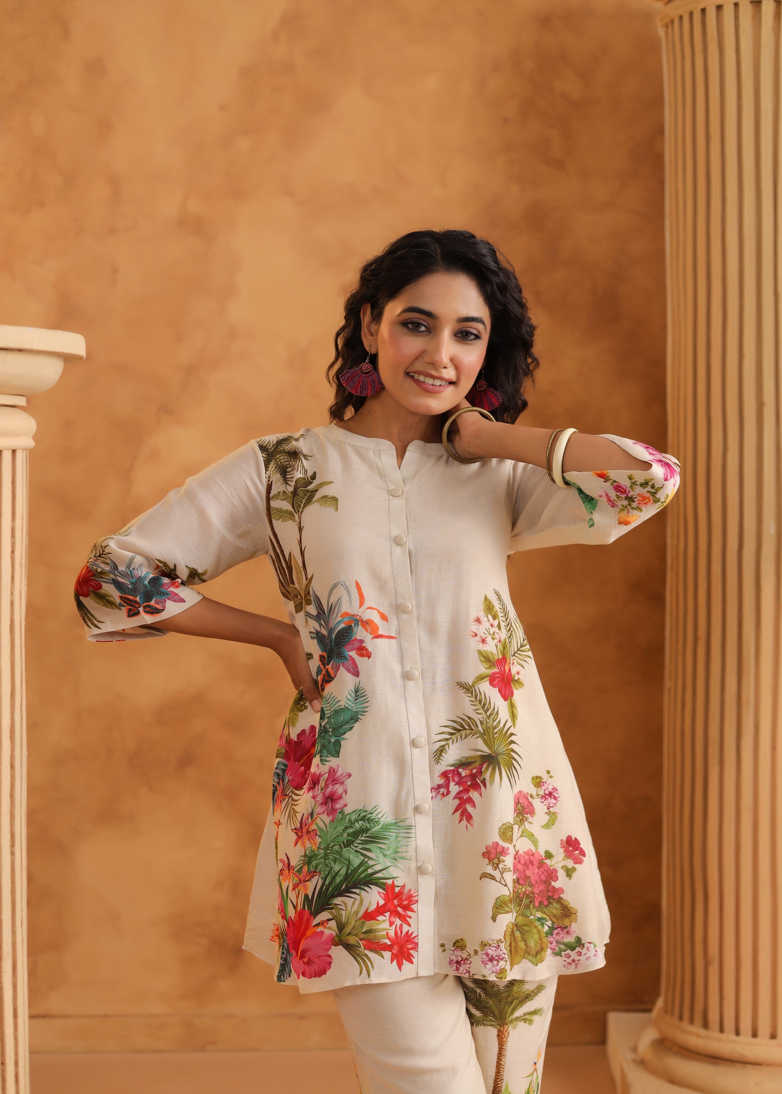 Cream White Floral Printed Pure Linen Co-Ord Set