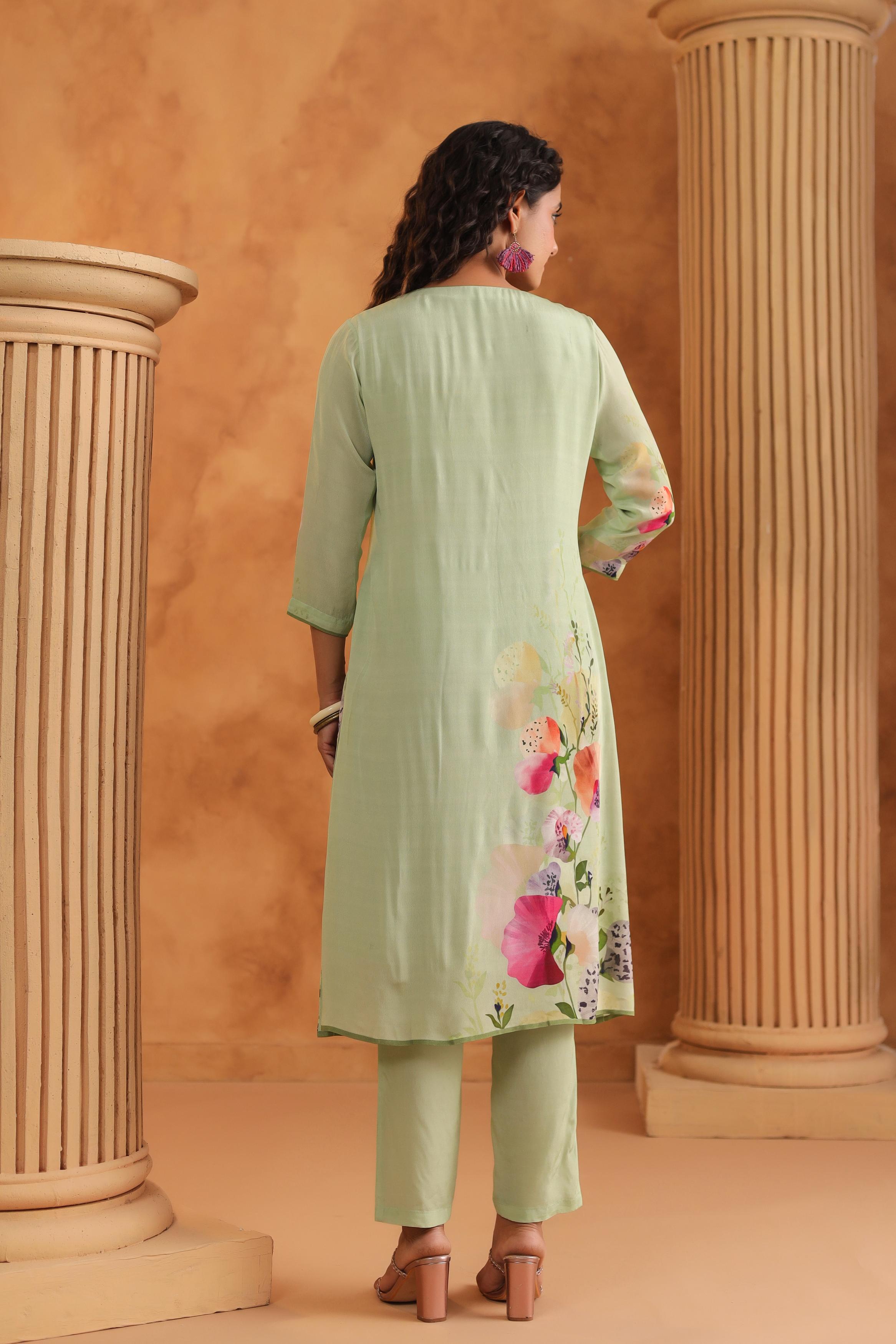 Pastel Green Printed Viscose Crepe Kurta Set