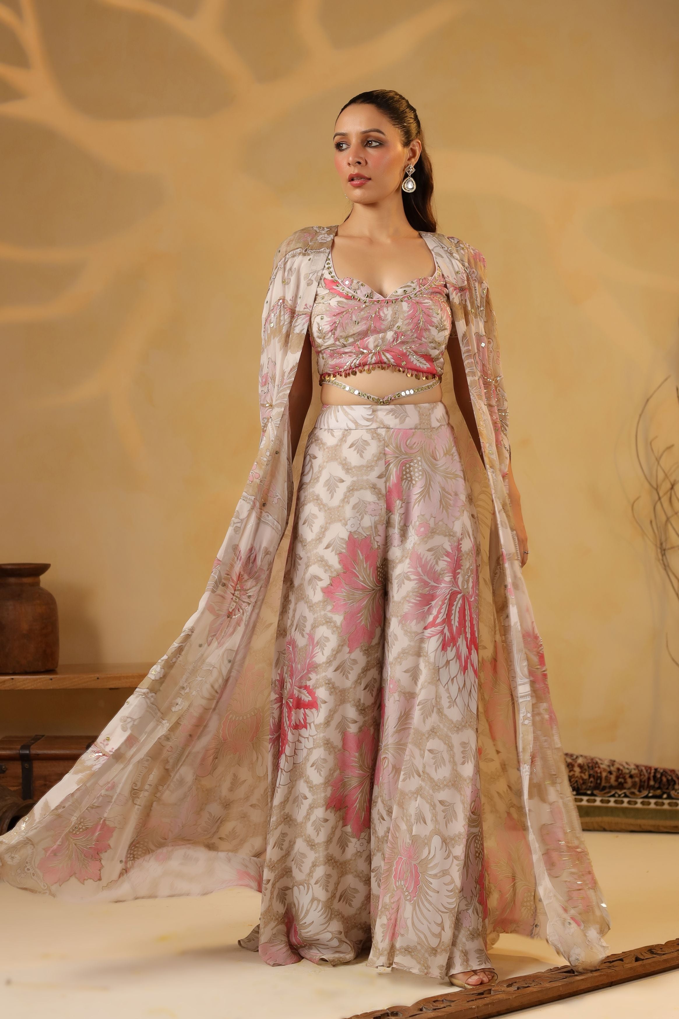 Pastel Pink Printed Muslin Silk Cape Set