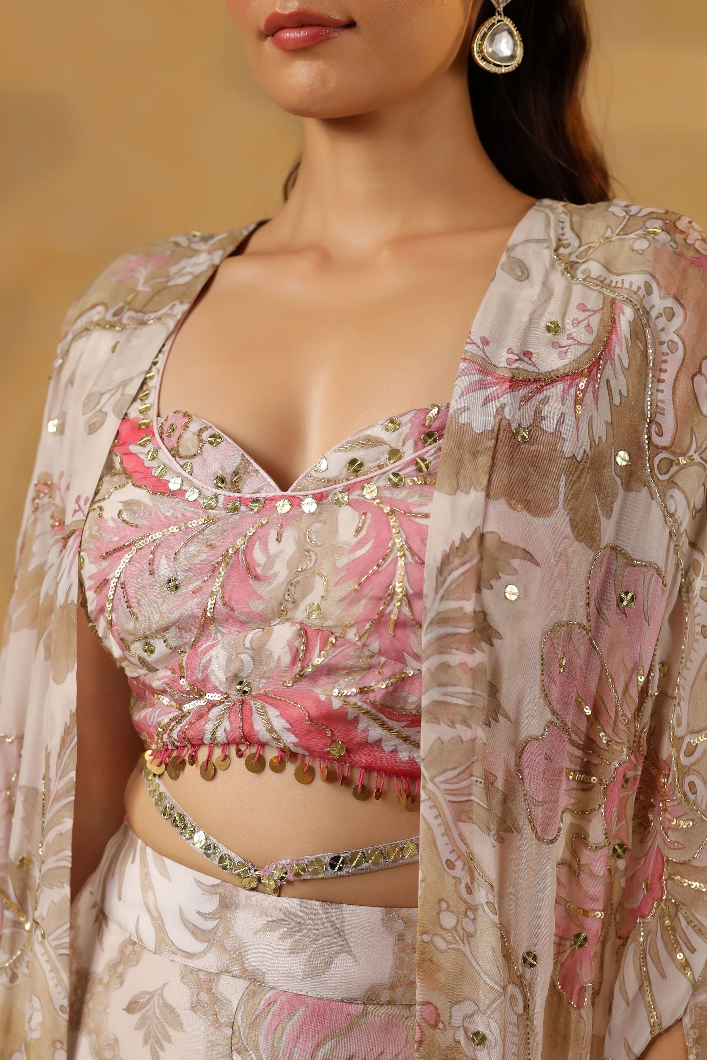 Pastel Pink Printed Muslin Silk Cape Set