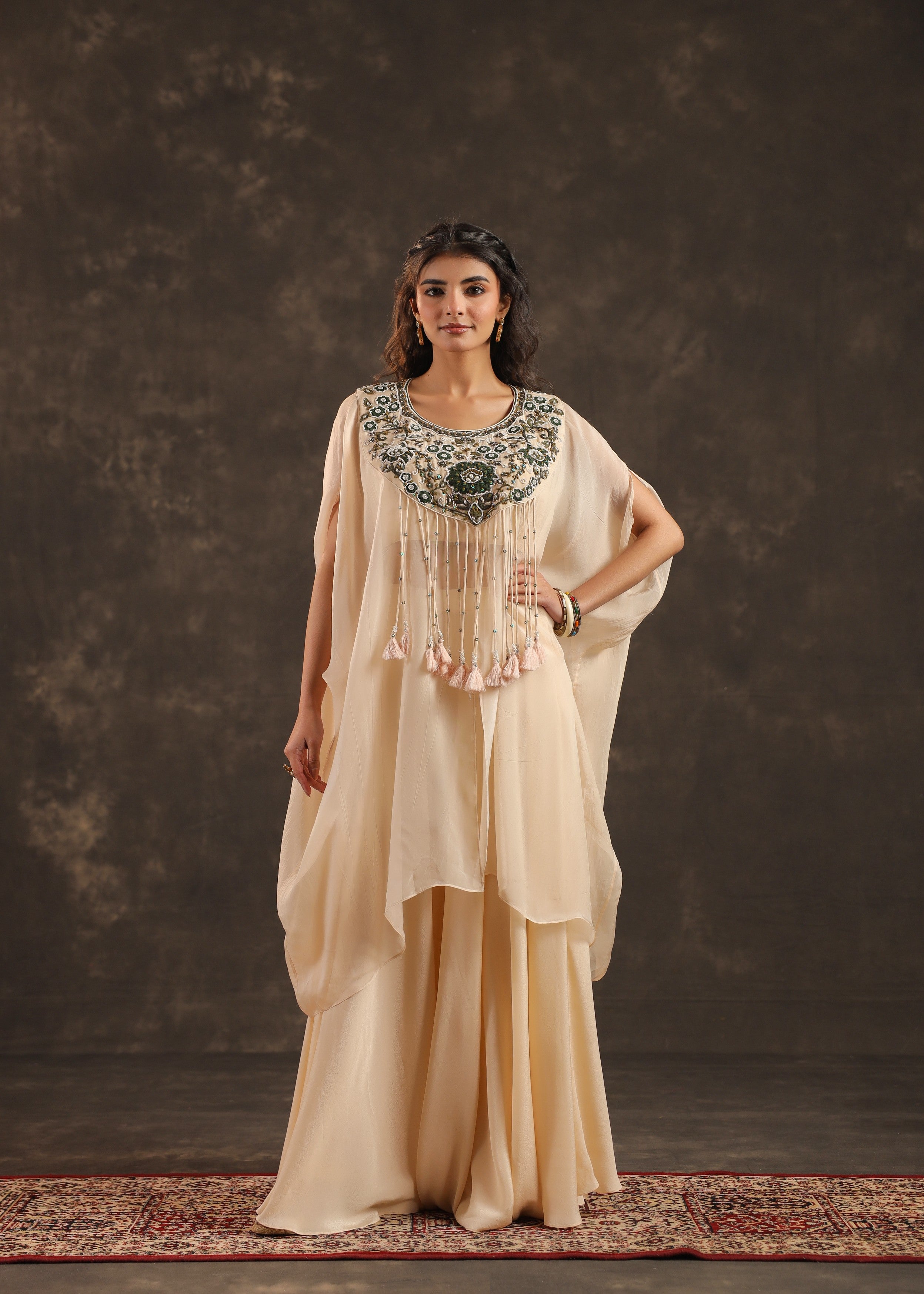 Ivory Allure Embellished Organza Silk Palazzo Set