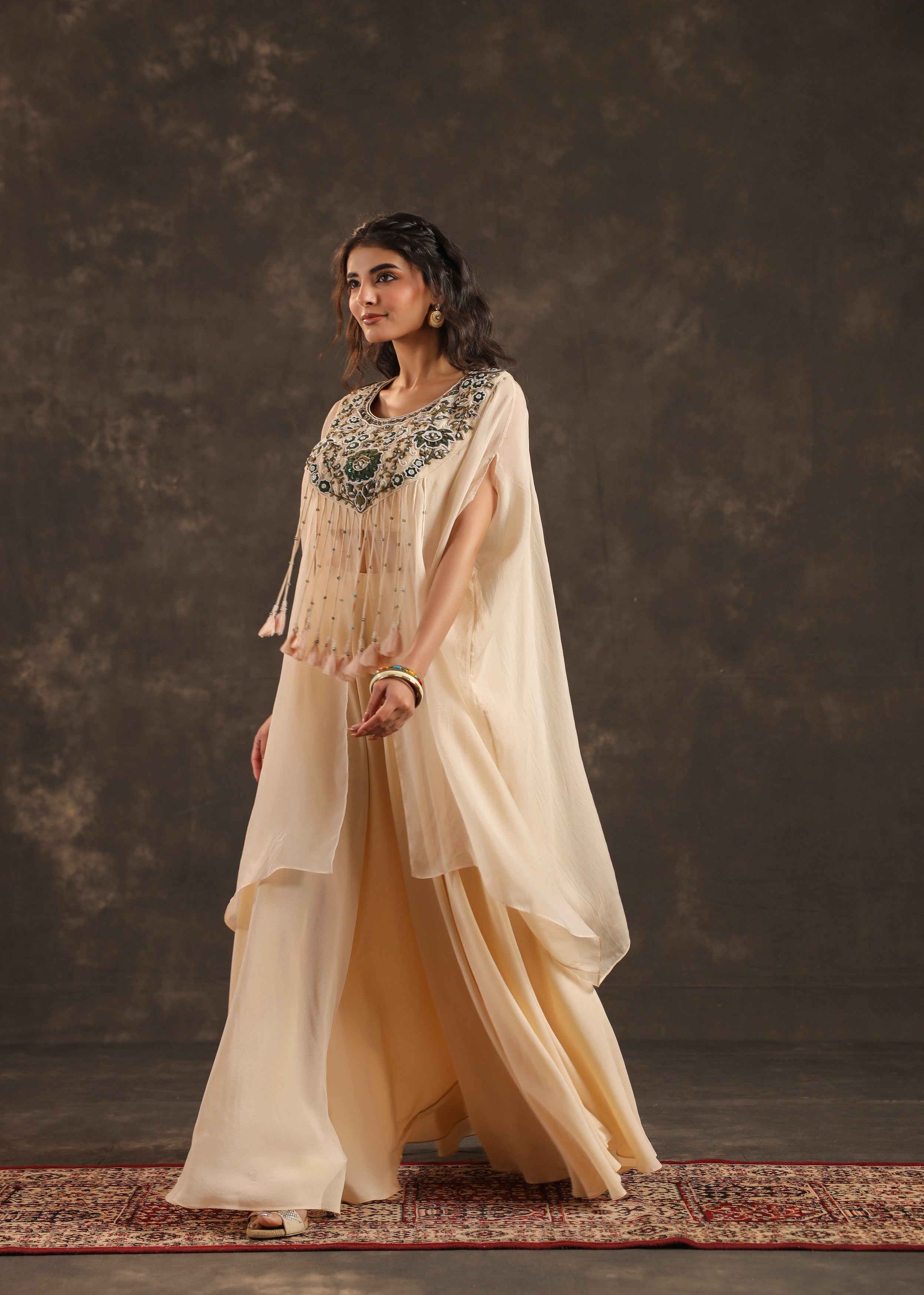 Ivory Allure Embellished Organza Silk Palazzo Set