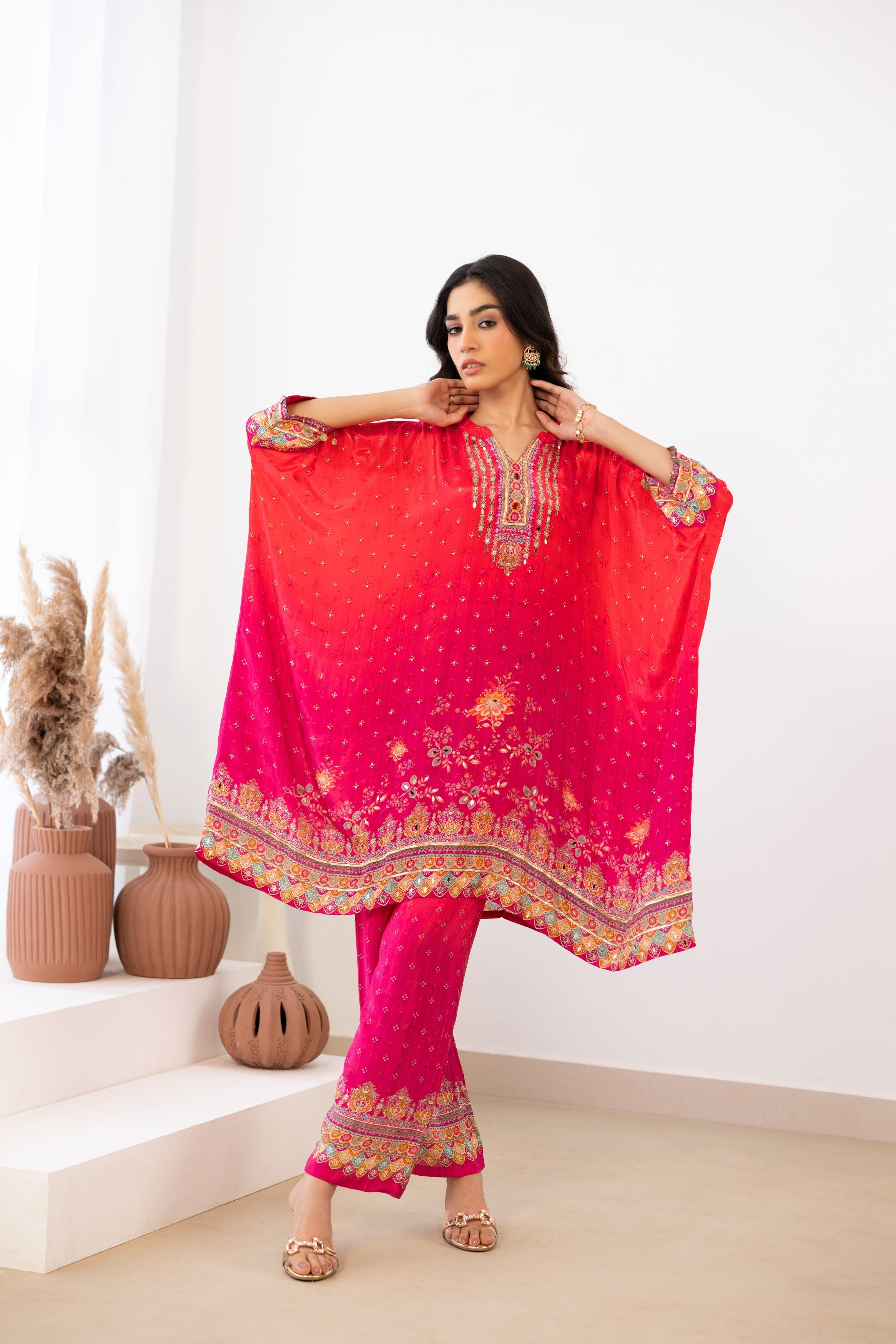 Rani Pink Embellished Crepe Silk Kaftan Set