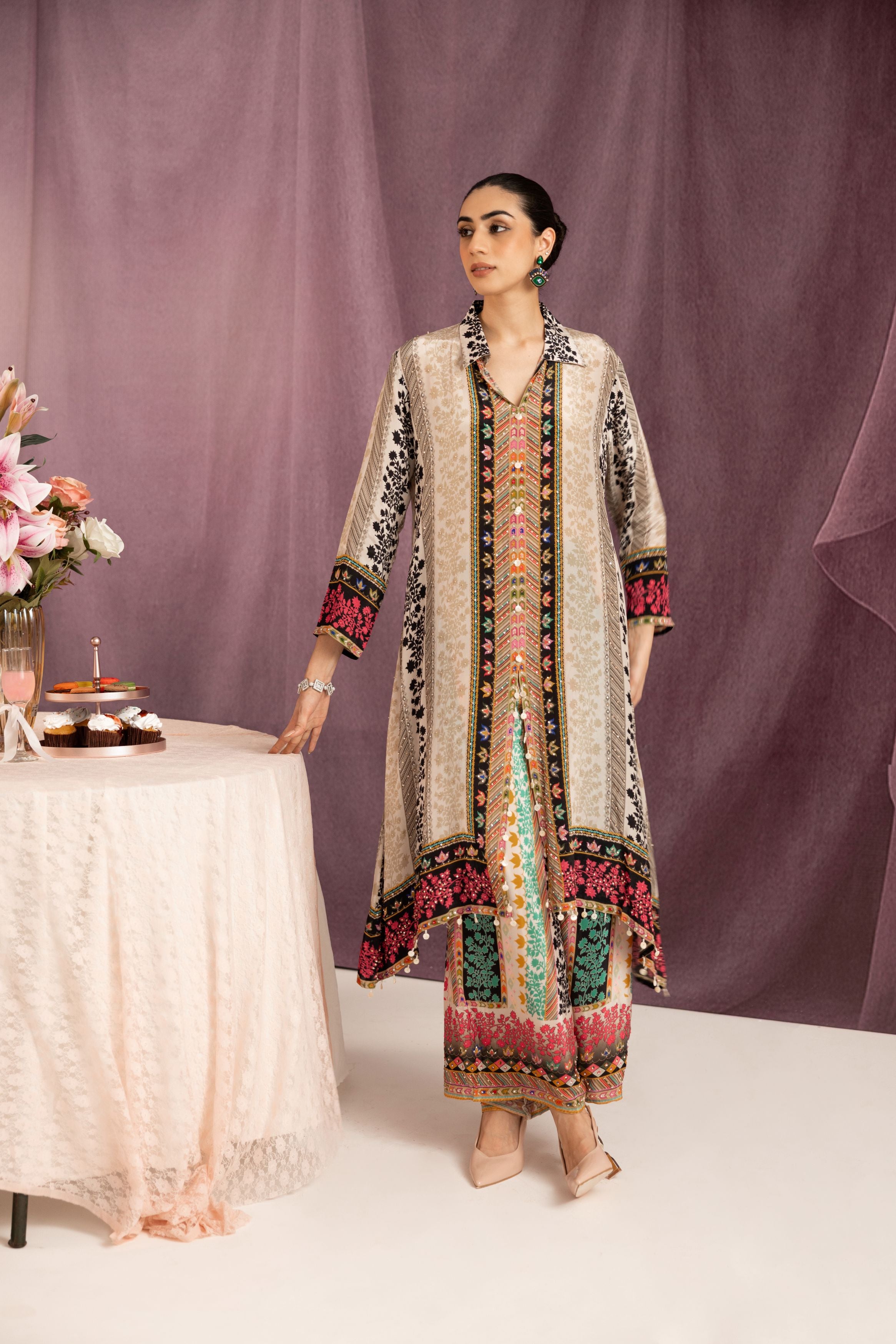 Pearl White Printed Muslin Silk Co-Ord Set