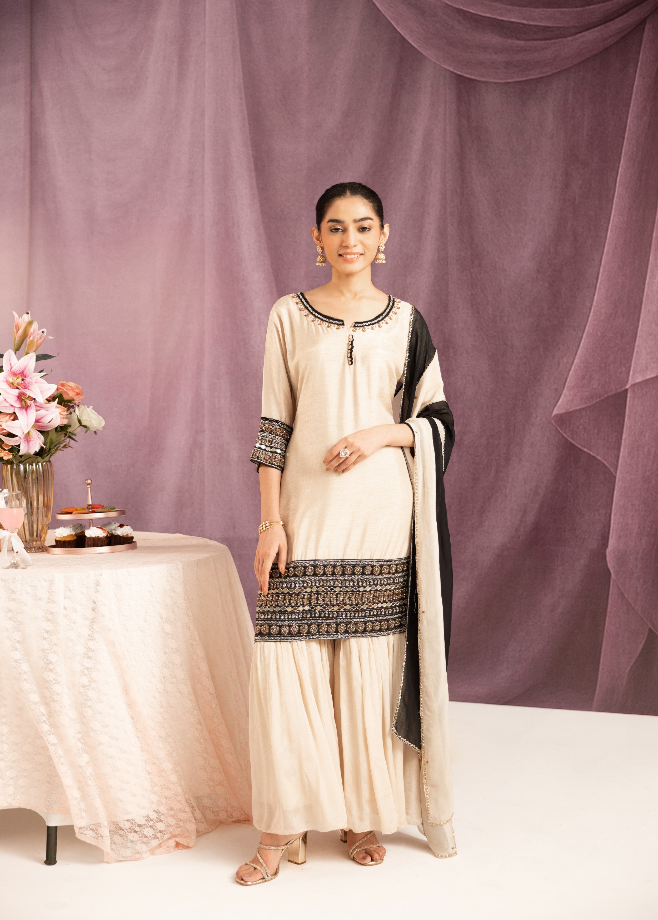 Ivory White Embellished Raw Silk Sharara Set