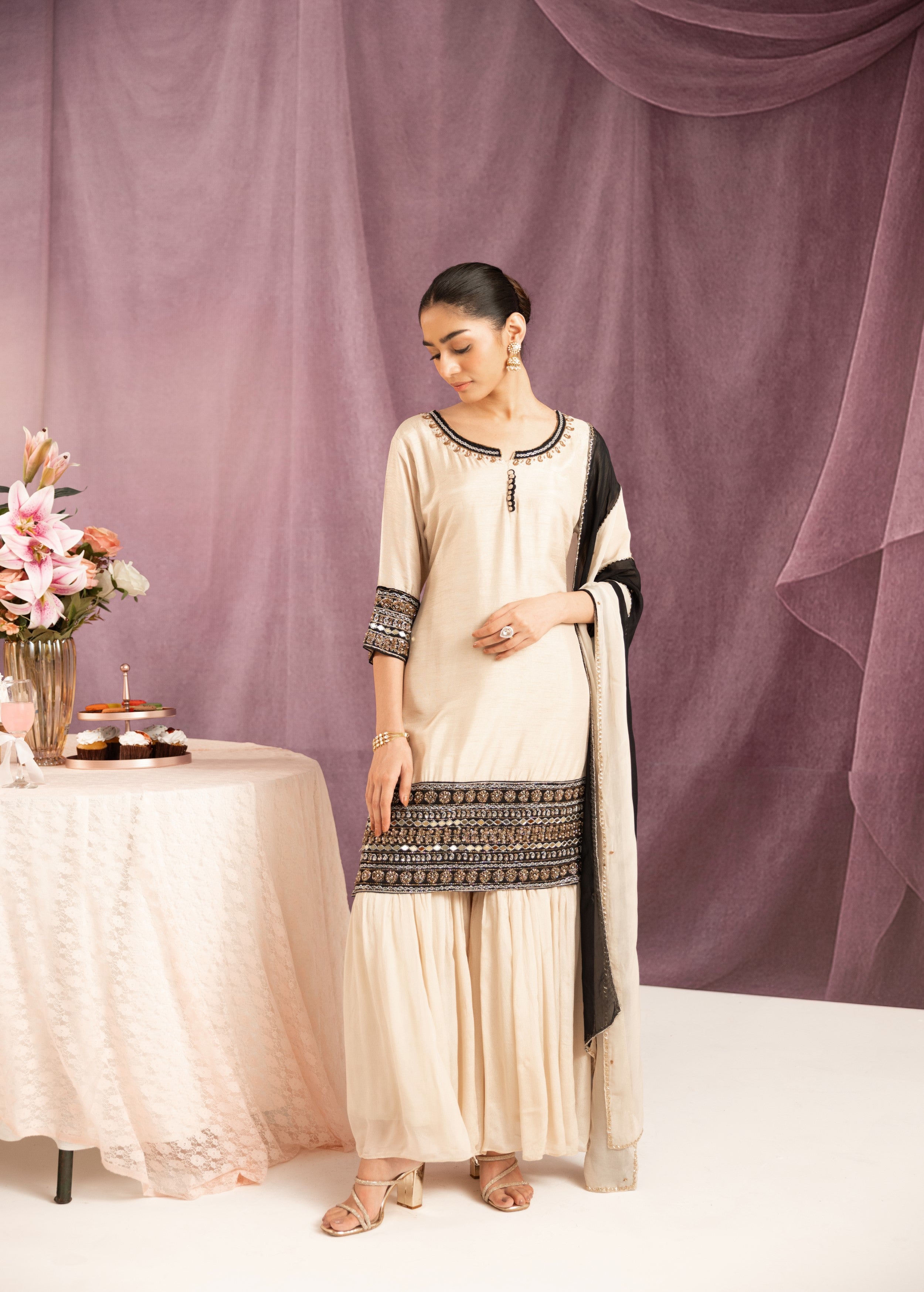 Ivory White Embellished Raw Silk Sharara Set