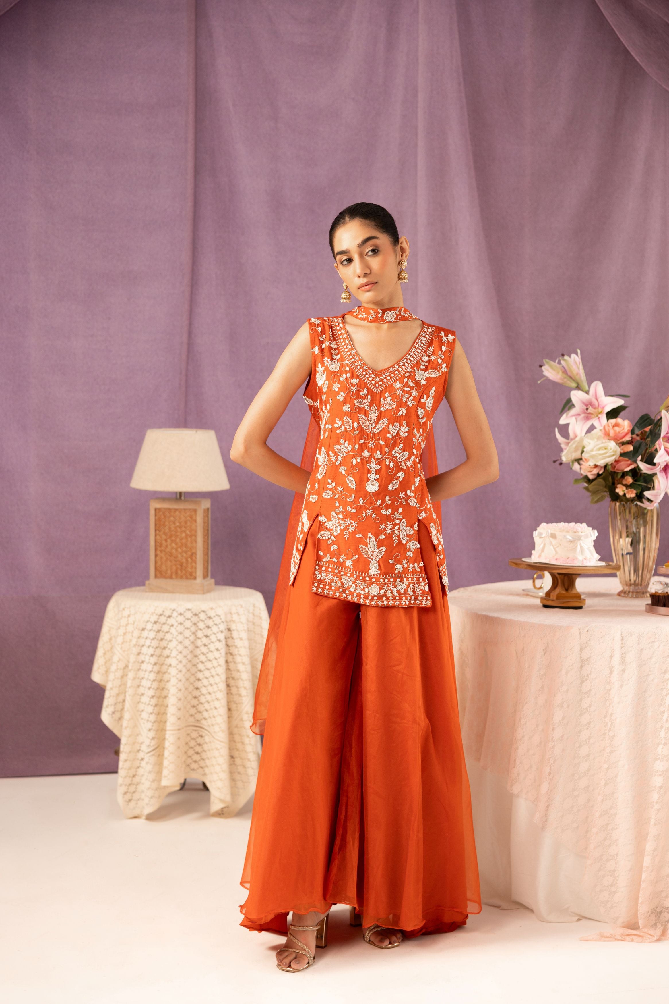 Bright Orange Embellished Organza Silk Palazzo Set