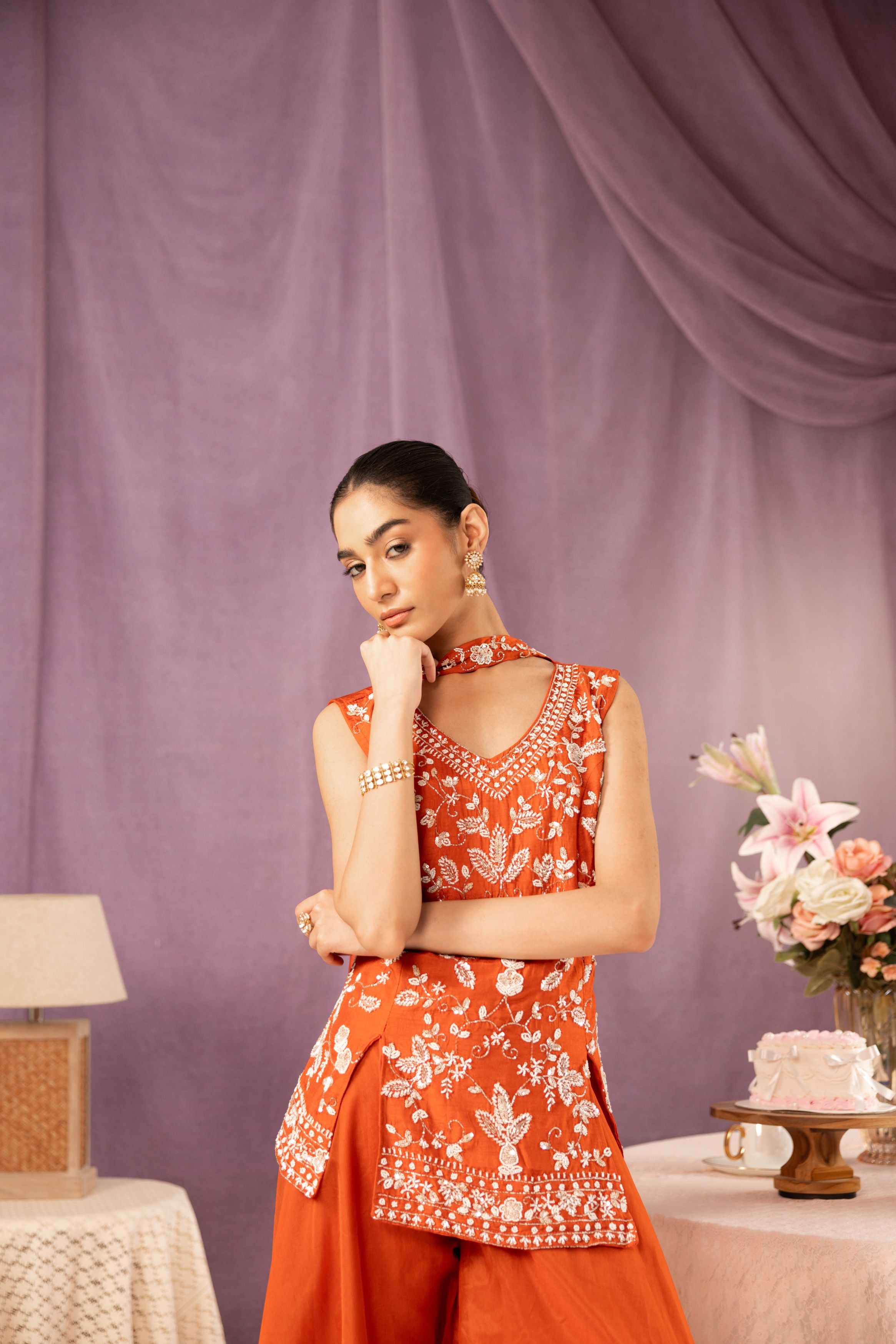 Bright Orange Embellished Organza Silk Palazzo Set
