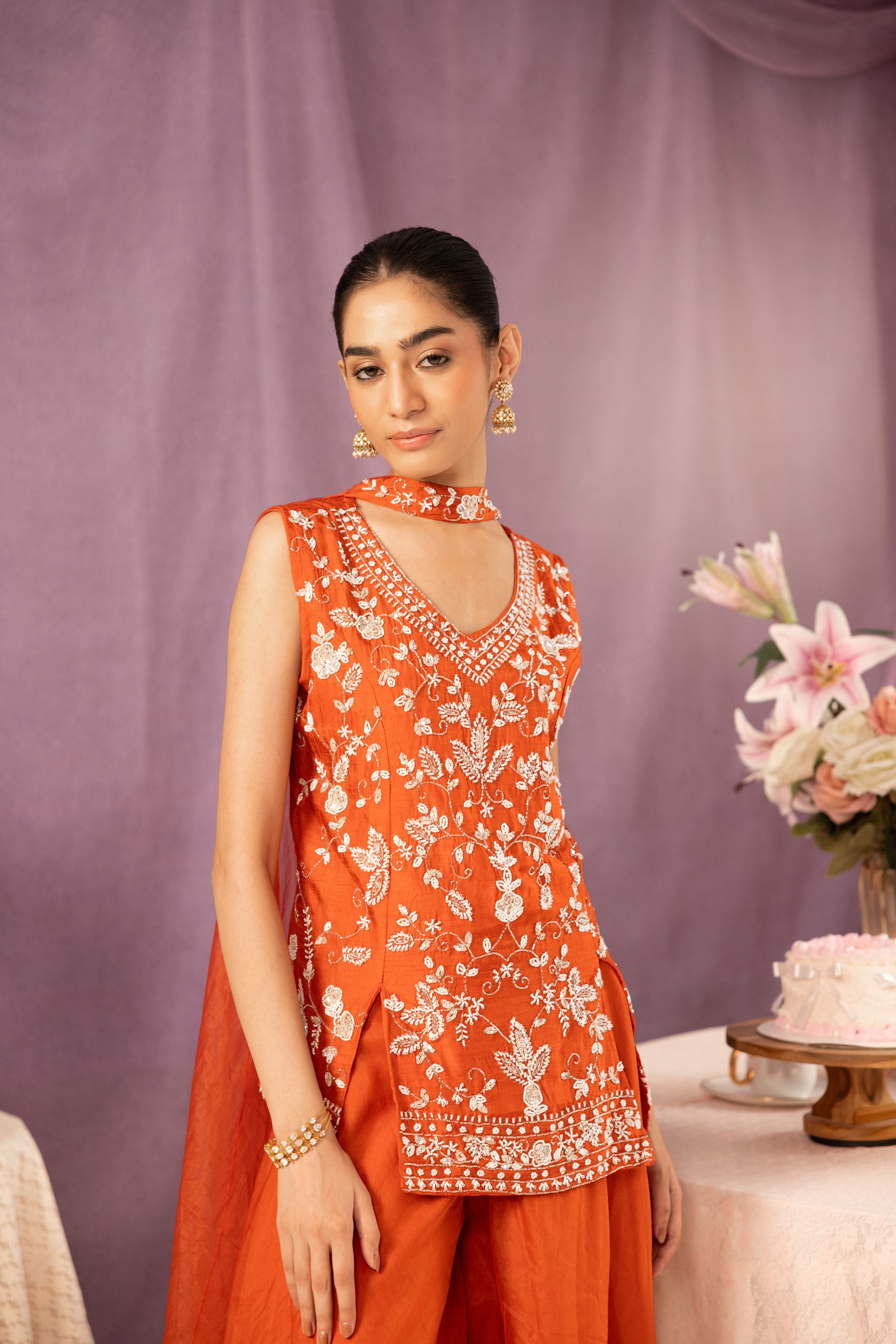 Bright Orange Embellished Organza Silk Palazzo Set