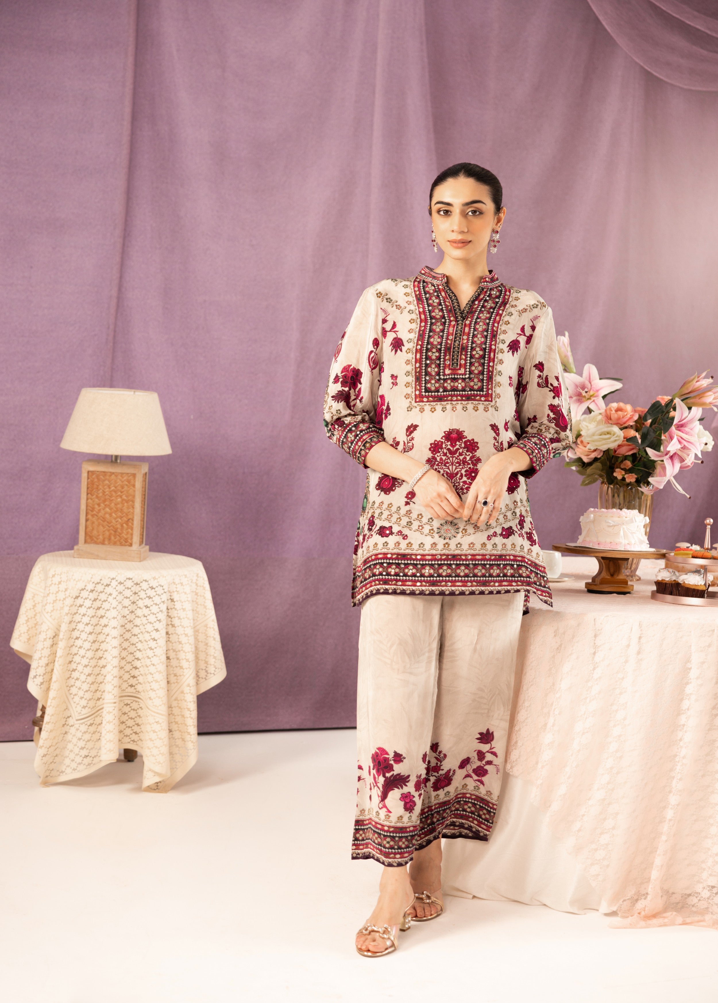 Champagne Ivory Printed Muslin Silk Co-Ord Set