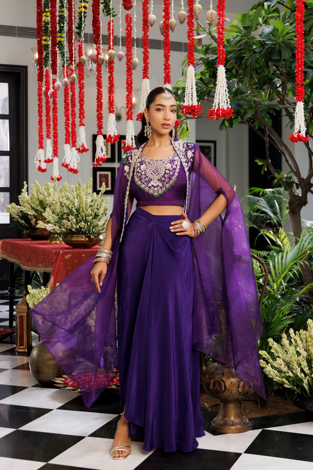 Royal Purple Embellished Organza Silk Cape Set