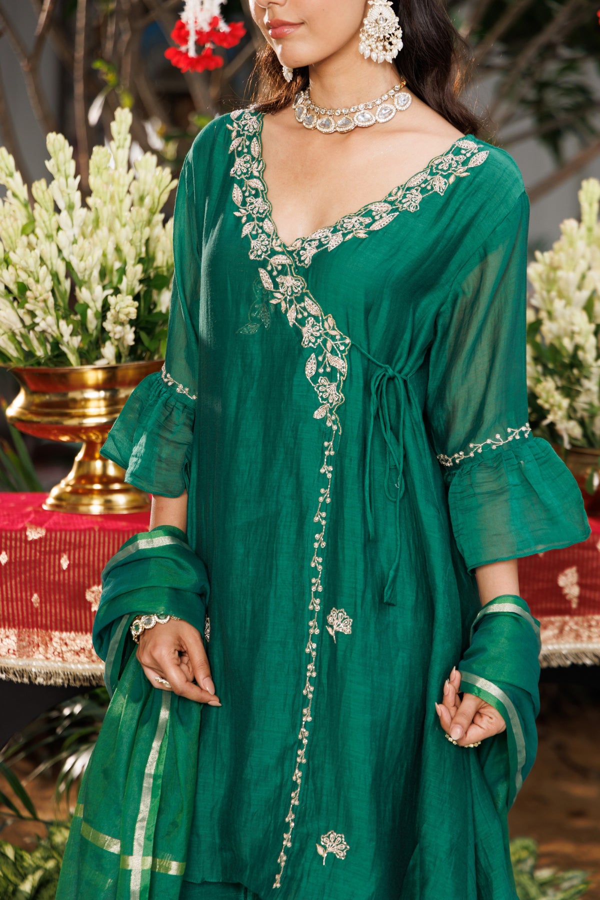 Emerald Green Embellished Chanderi Silk Palazzo Set