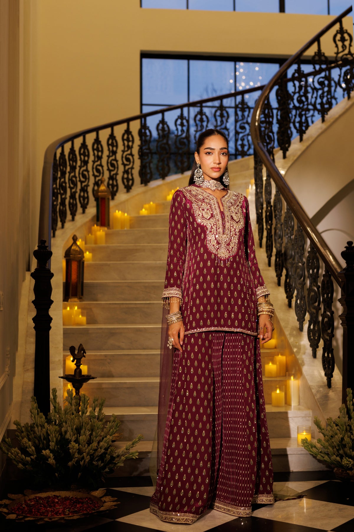 Plum Purple Embellished Crepe Silk Palazzo Set