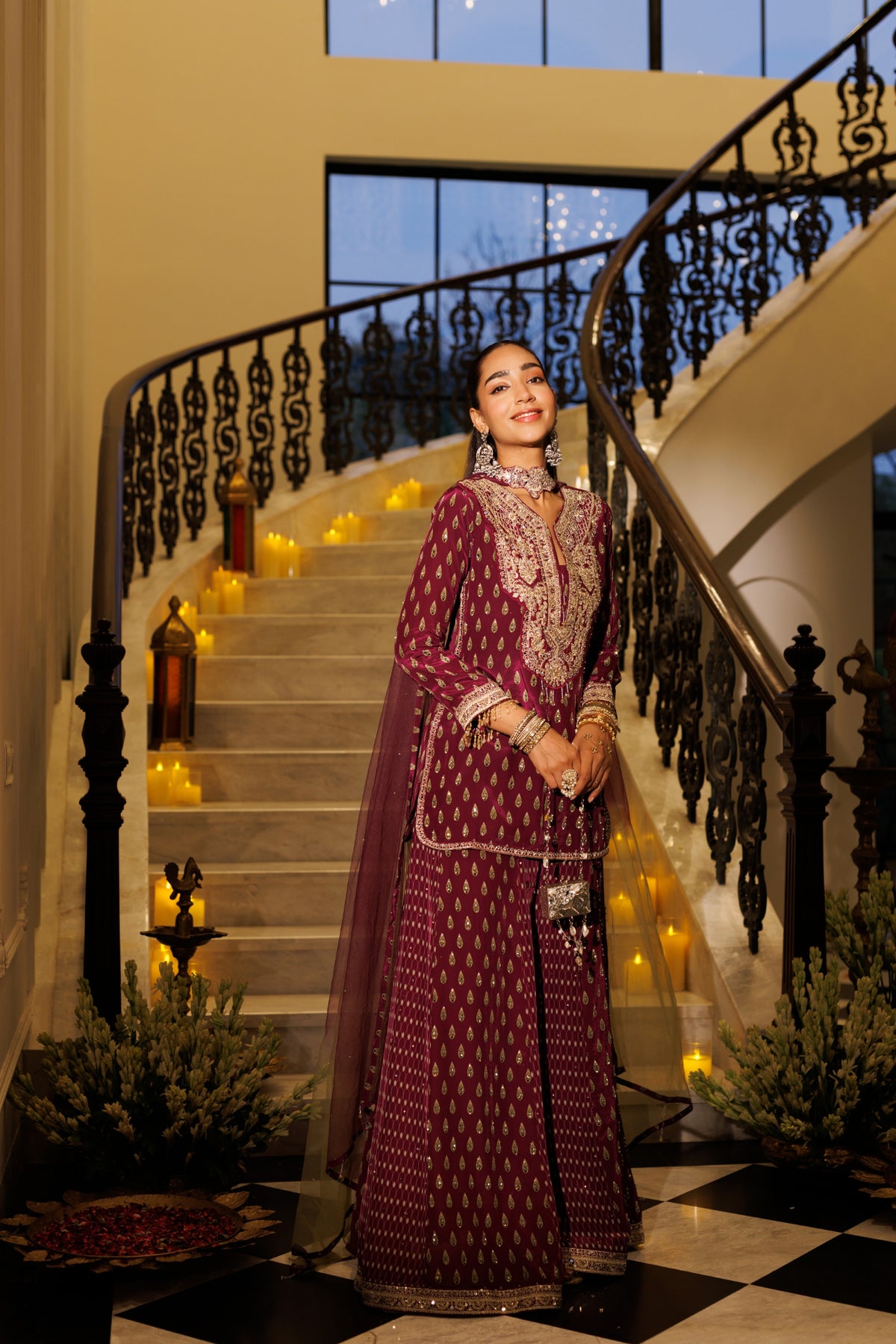 Plum Purple Embellished Crepe Silk Palazzo Set