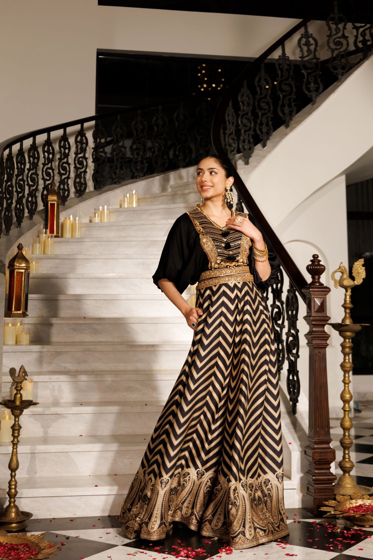 Black Embellished Crepe Silk Skirt Set