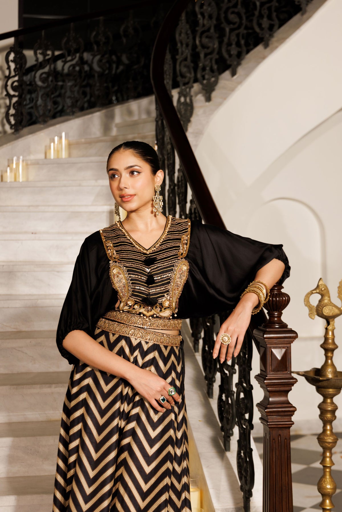 Black Embellished Crepe Silk Skirt Set