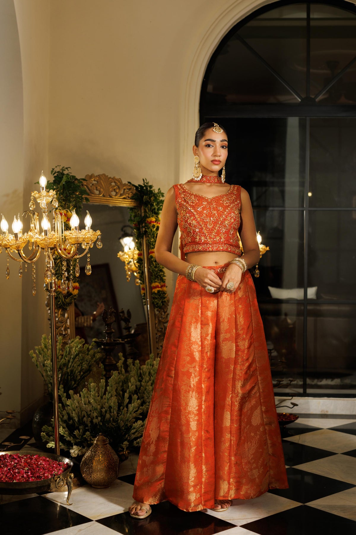 Rich Rust Orange Embellished Tissue Silk Palazzo Set