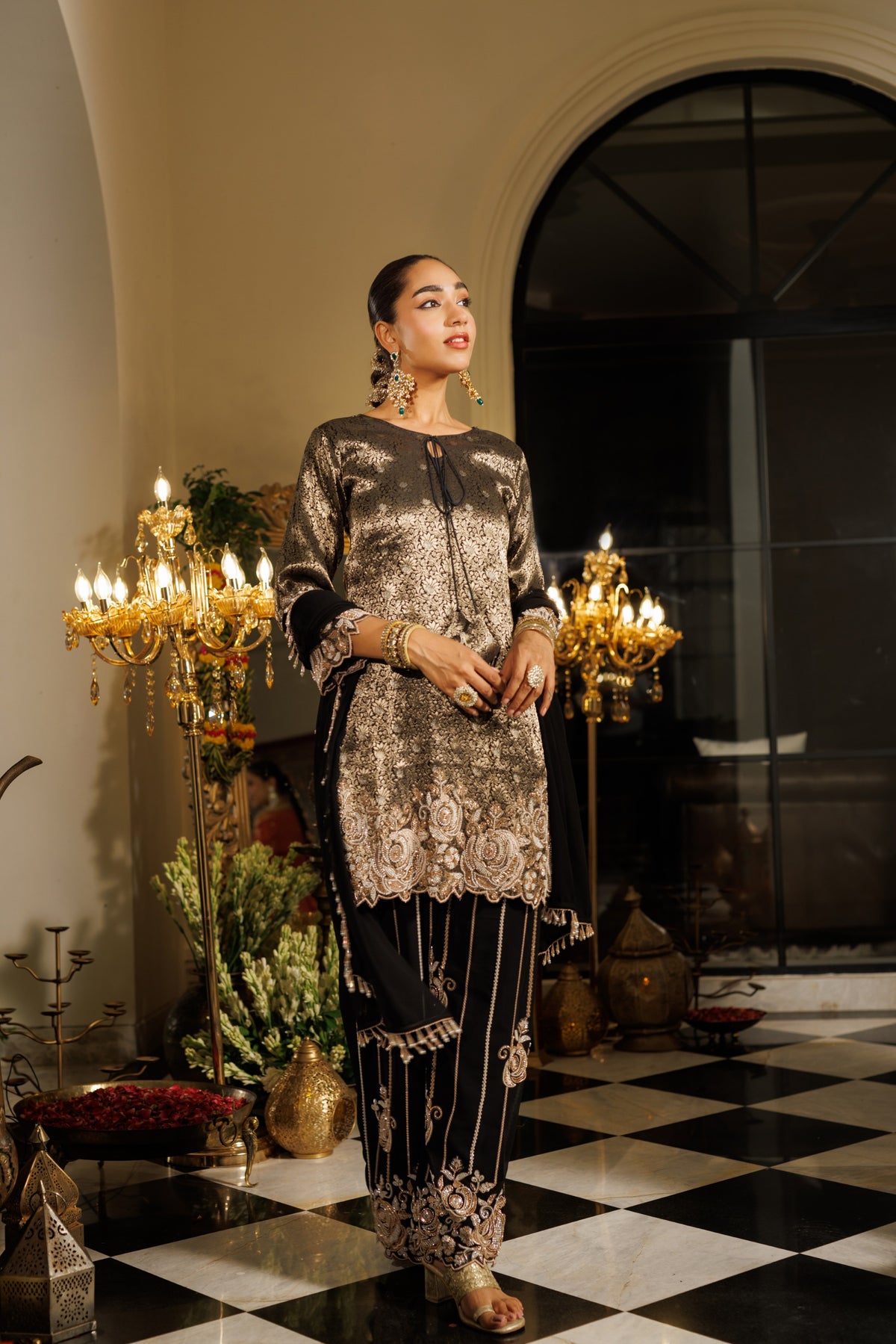 Deep Black Embellished Jacquard Silk Palazzo Set