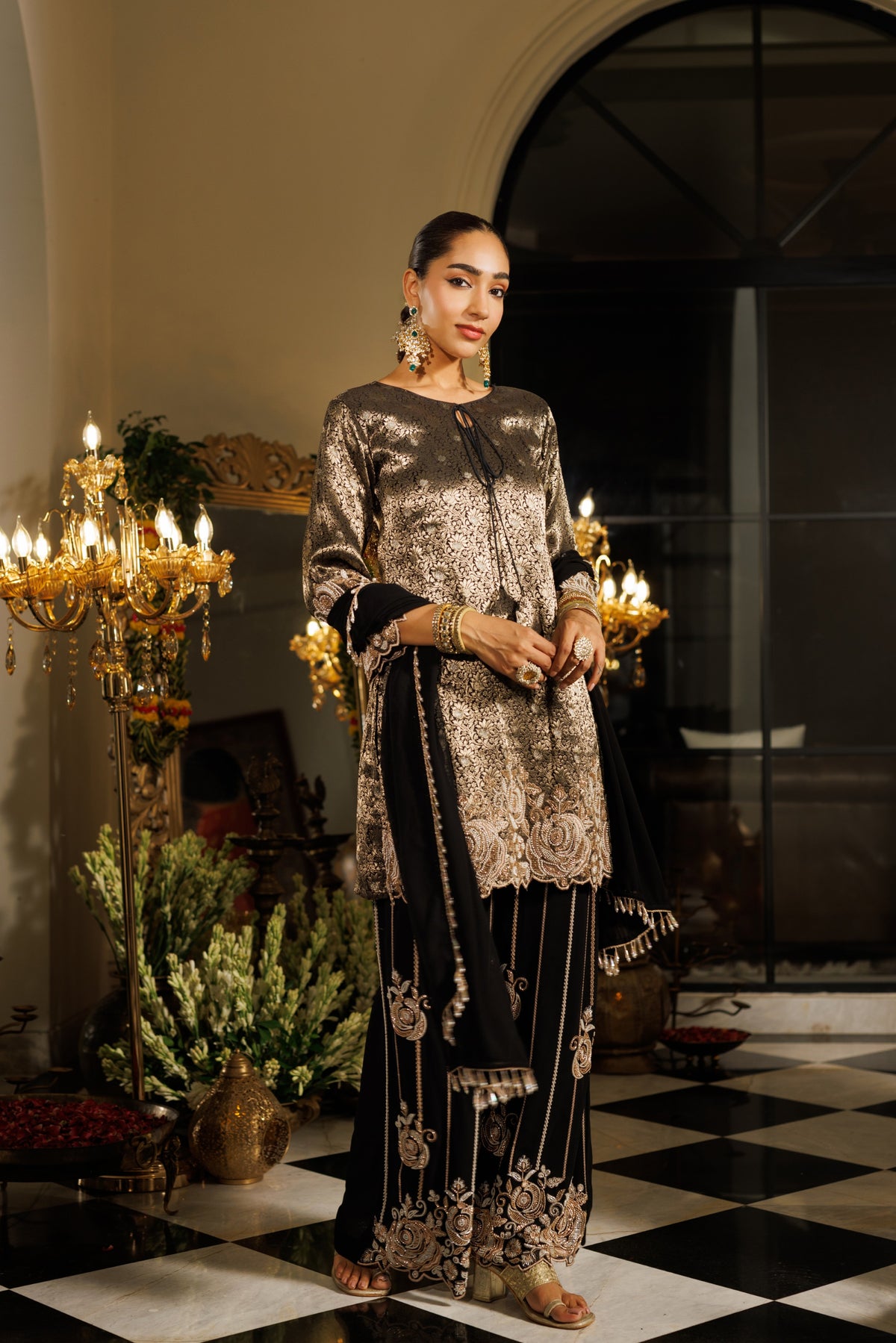 Deep Black Embellished Jacquard Silk Palazzo Set