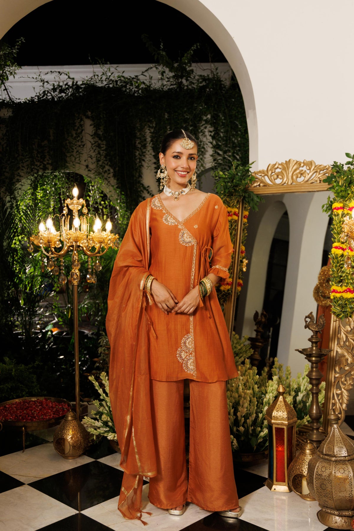Burnt Orange Embellished Mul-Chanderi Silk Palazzo Set