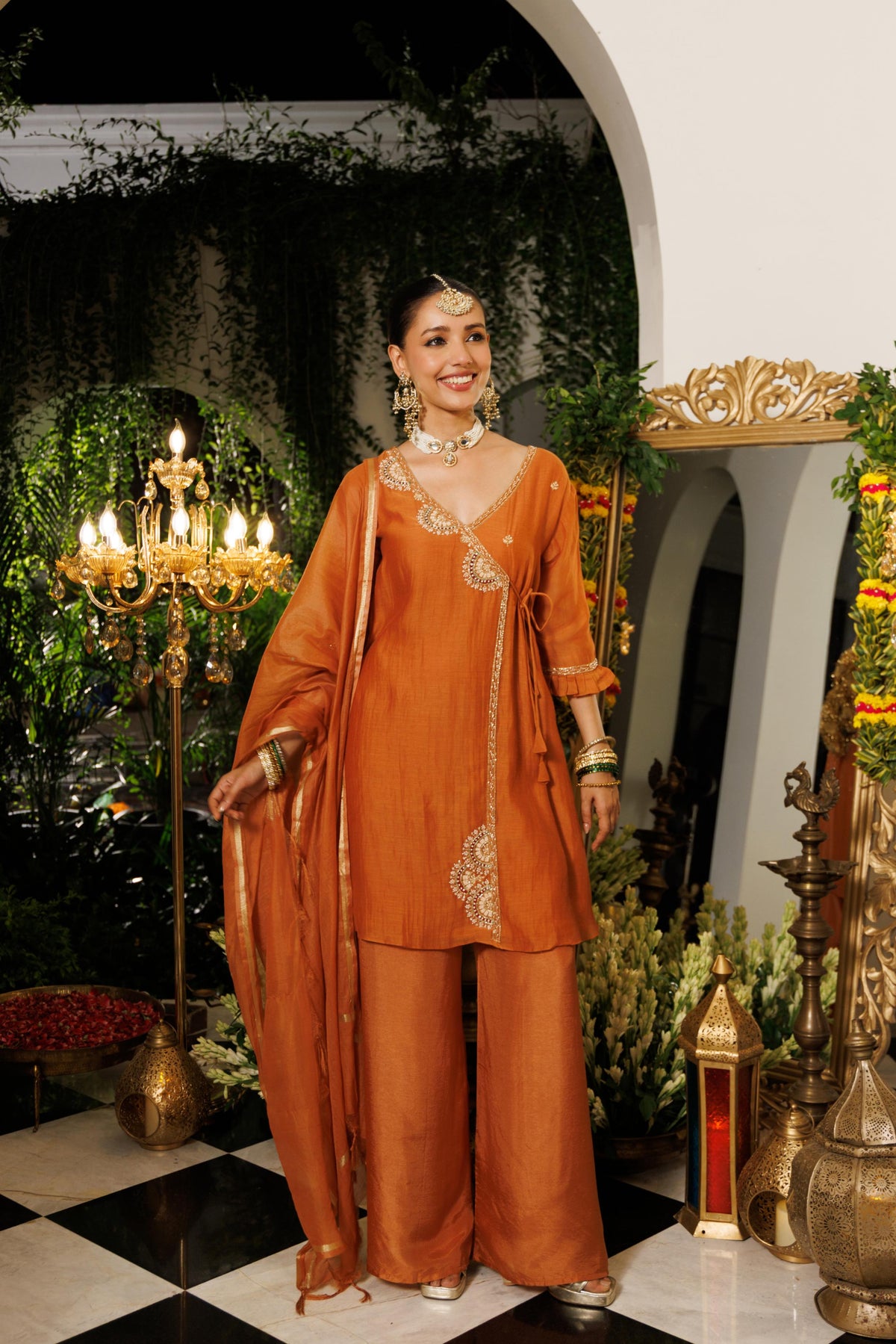 Burnt Orange Embellished Mul-Chanderi Silk Palazzo Set
