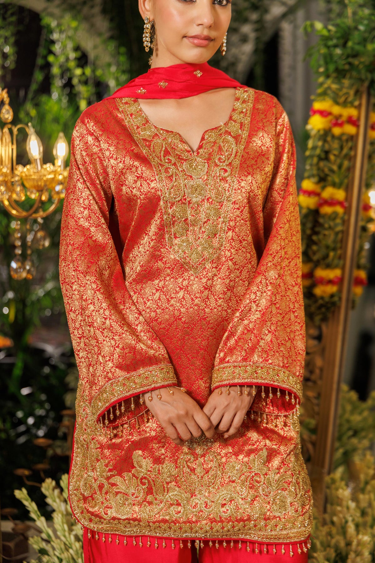 Royal Pink Embellished Jacquard Silk Palazzo Set