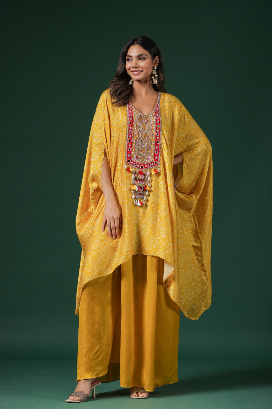 Yellow Embroidered Habutai Silk Kaftan Palazzo Set
